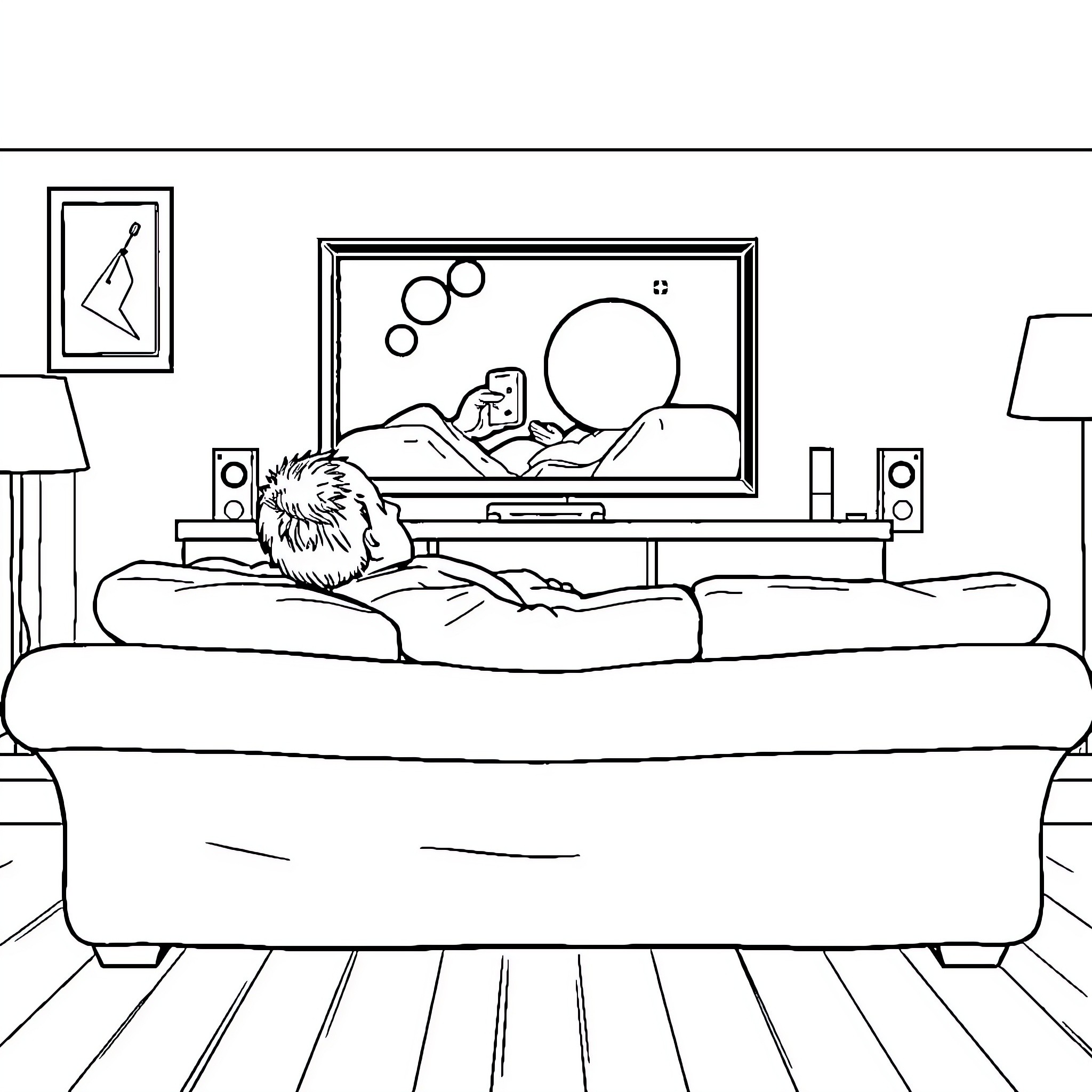 Man Relaxing on Couch Watching TV Coloring Page (free black-and-white line drawing printable PDF for all, from beginners to advanced learners, including children, teens, adults, and seniors)