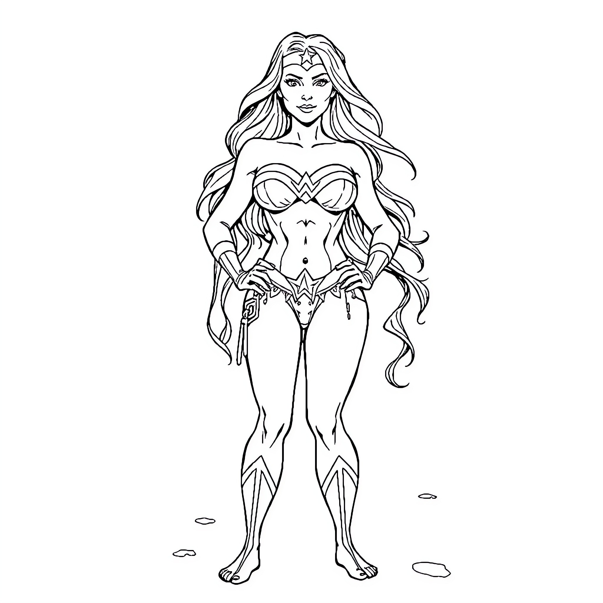 Wonder Woman in heroic stance with lasso Coloring Page (free black-and-white line drawing printable PDF for all, from beginners to advanced learners, including children, teens, adults, and seniors)