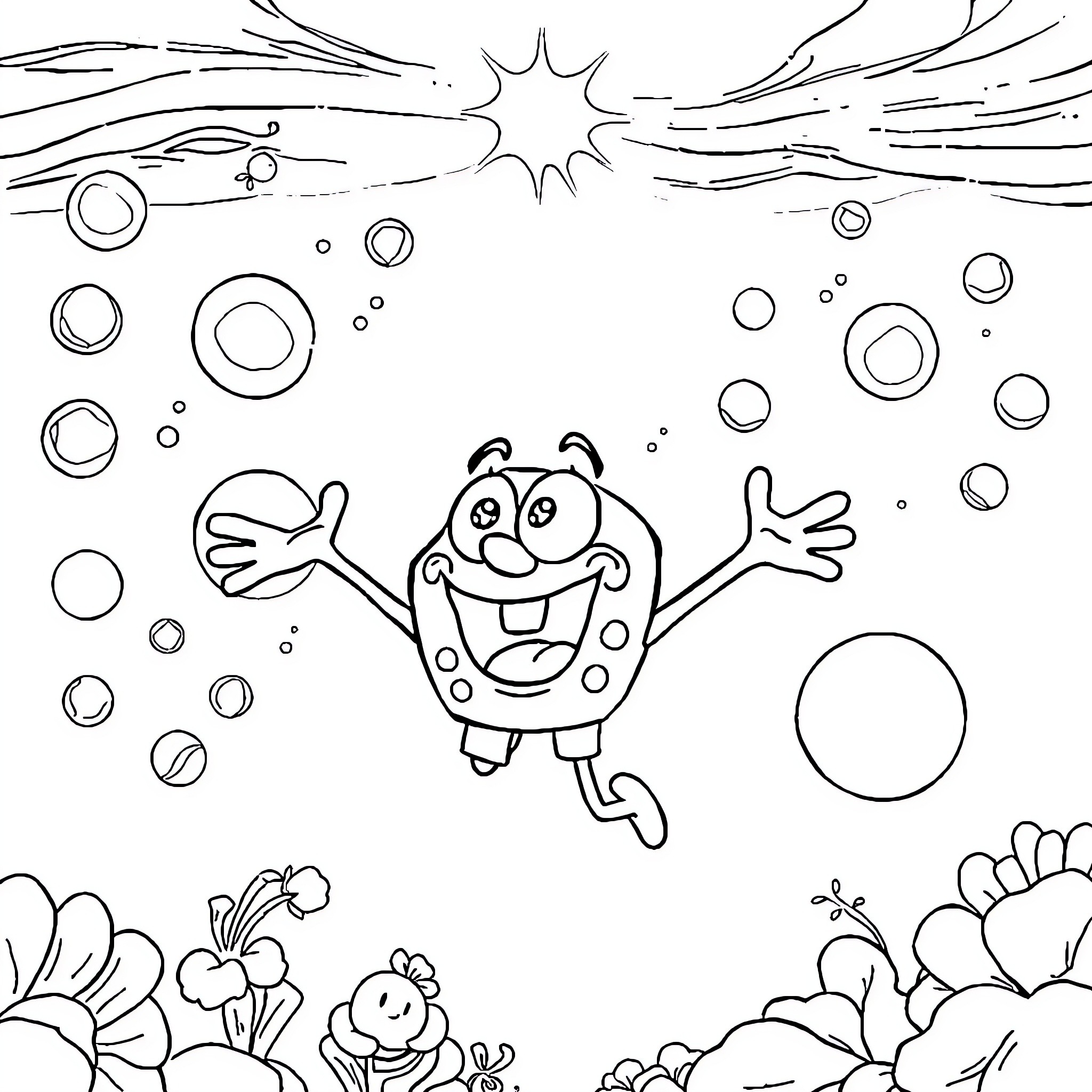 Spongebob joyfully explores the underwater world Coloring Page (free black-and-white line drawing printable PDF for all, from beginners to advanced learners, including children, teens, adults, and seniors)