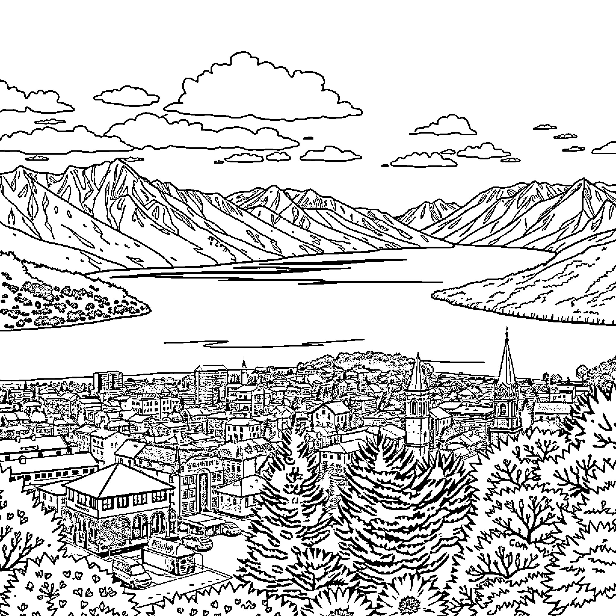 Taupo: Picturesque Mountain Town with Scenic Lake Coloring Page (free black-and-white line drawing printable PDF for all, from beginners to advanced learners, including children, teens, adults, and seniors)
