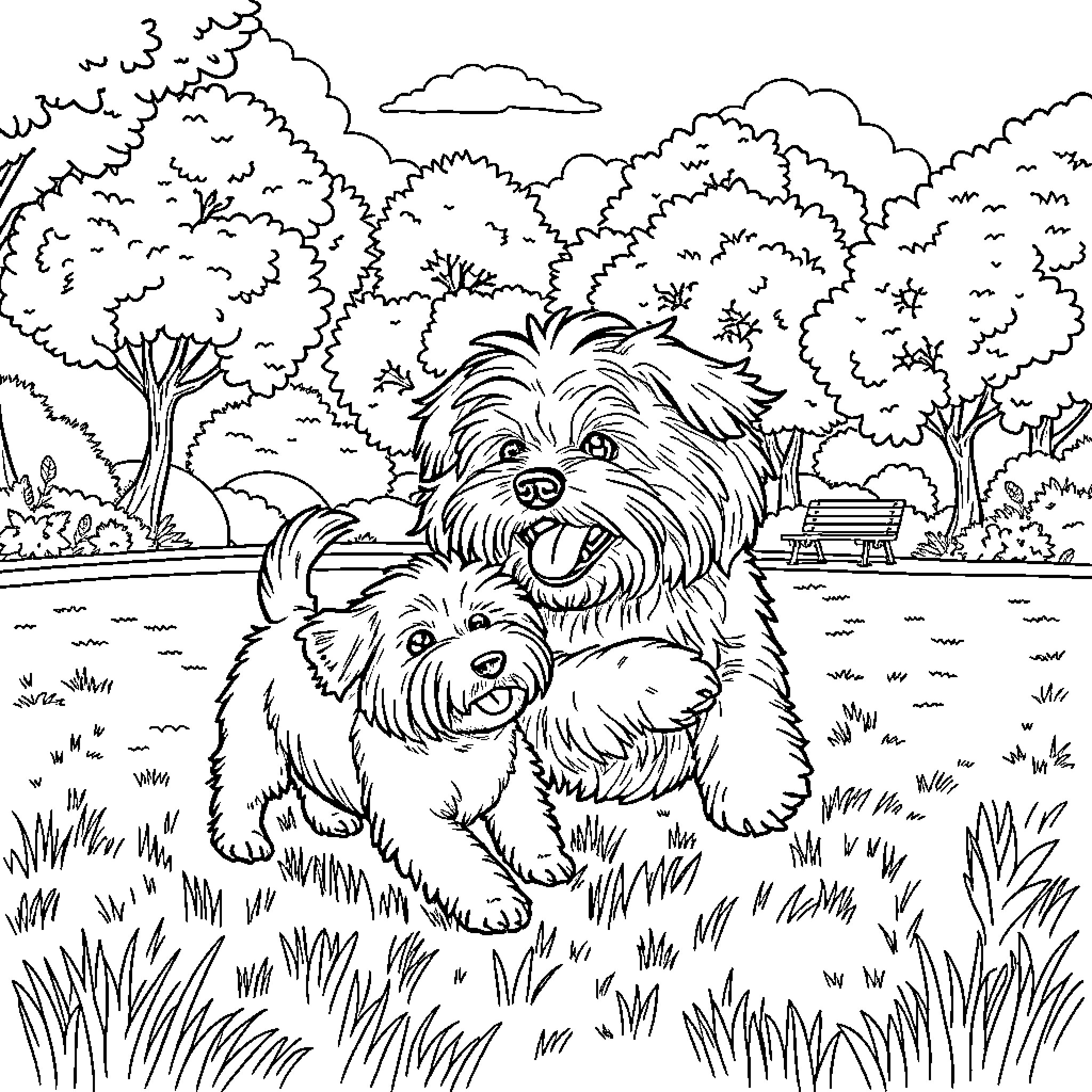 Maltese Dogs Enjoying a Peaceful Park Coloring Page (free black-and-white line drawing printable PDF for all, from beginners to advanced learners, including children, teens, adults, and seniors)