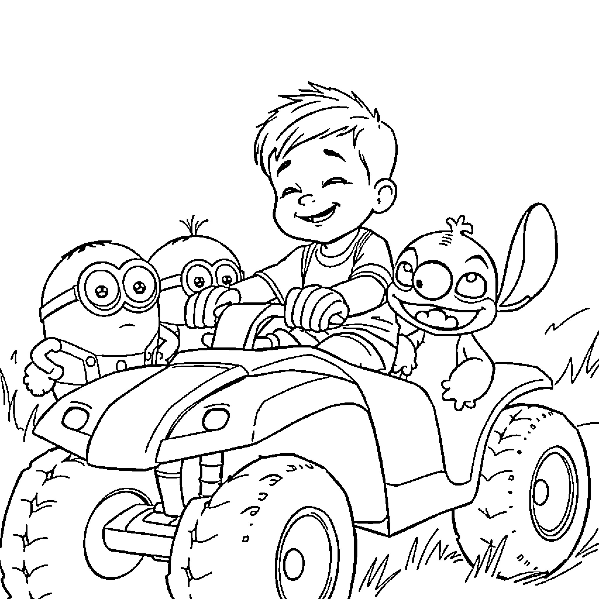Niño enjoying a fun ride with his cartoon friends Coloring Page (free black-and-white line drawing printable PDF for all, from beginners to advanced learners, including children, teens, adults, and seniors)