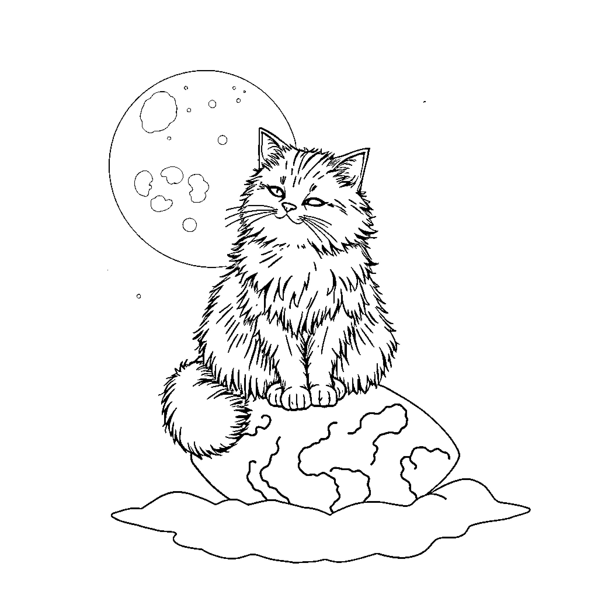 Cat staring at the moon on a cloudy night Coloring Page (free black-and-white line drawing printable PDF for all, from beginners to advanced learners, including children, teens, adults, and seniors)