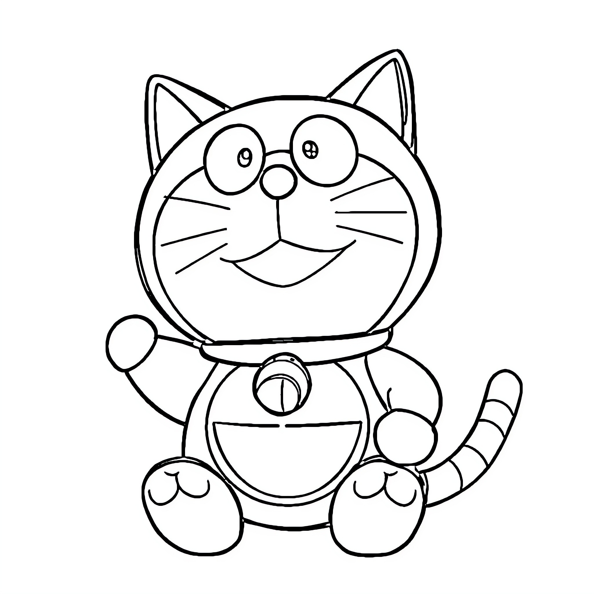 Doraemon, the Friendly Robotic Cat in Iconic Outfit Coloring Page (free black-and-white line drawing printable PDF for all, from beginners to advanced learners, including children, teens, adults, and seniors)