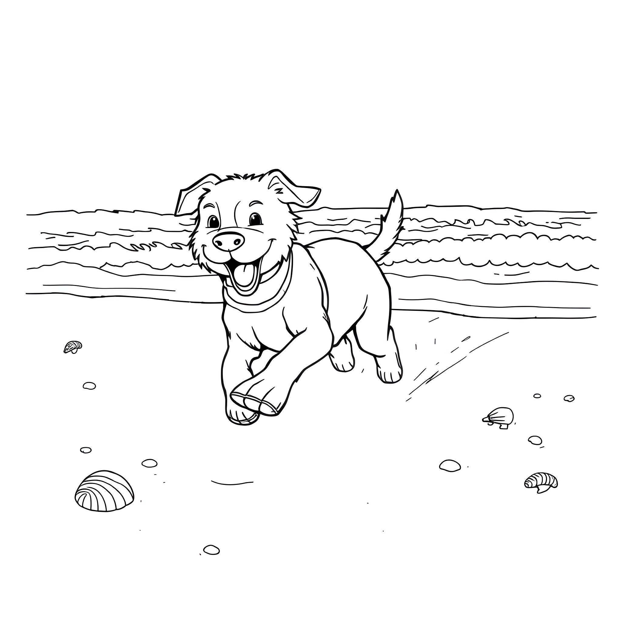 Dog frolicking happily on the beach Coloring Page (free black-and-white line drawing printable PDF for all, from beginners to advanced learners, including children, teens, adults, and seniors)