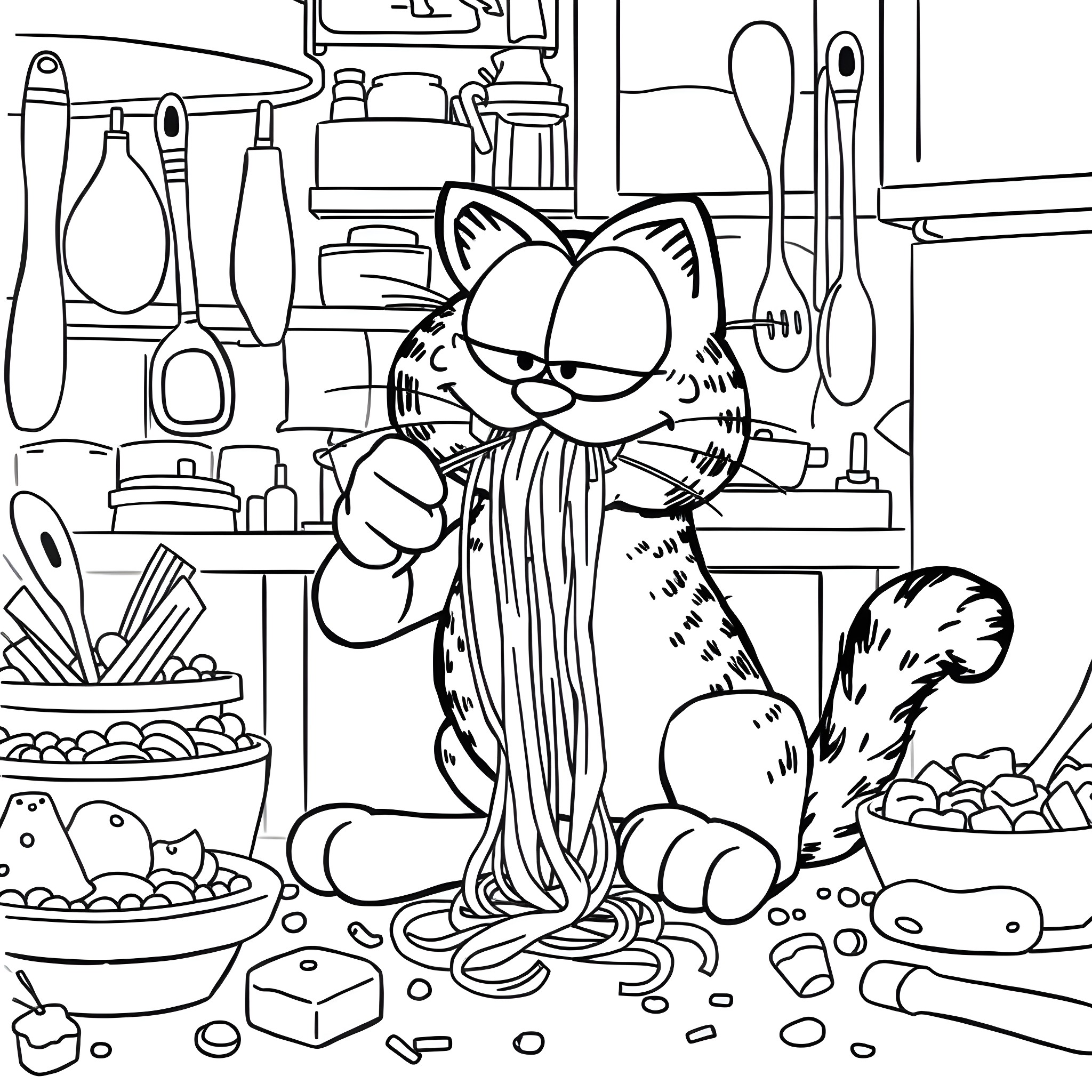 Garfield in the Messy Kitchen Coloring Page (free black-and-white line drawing printable PDF for all, from beginners to advanced learners, including children, teens, adults, and seniors)