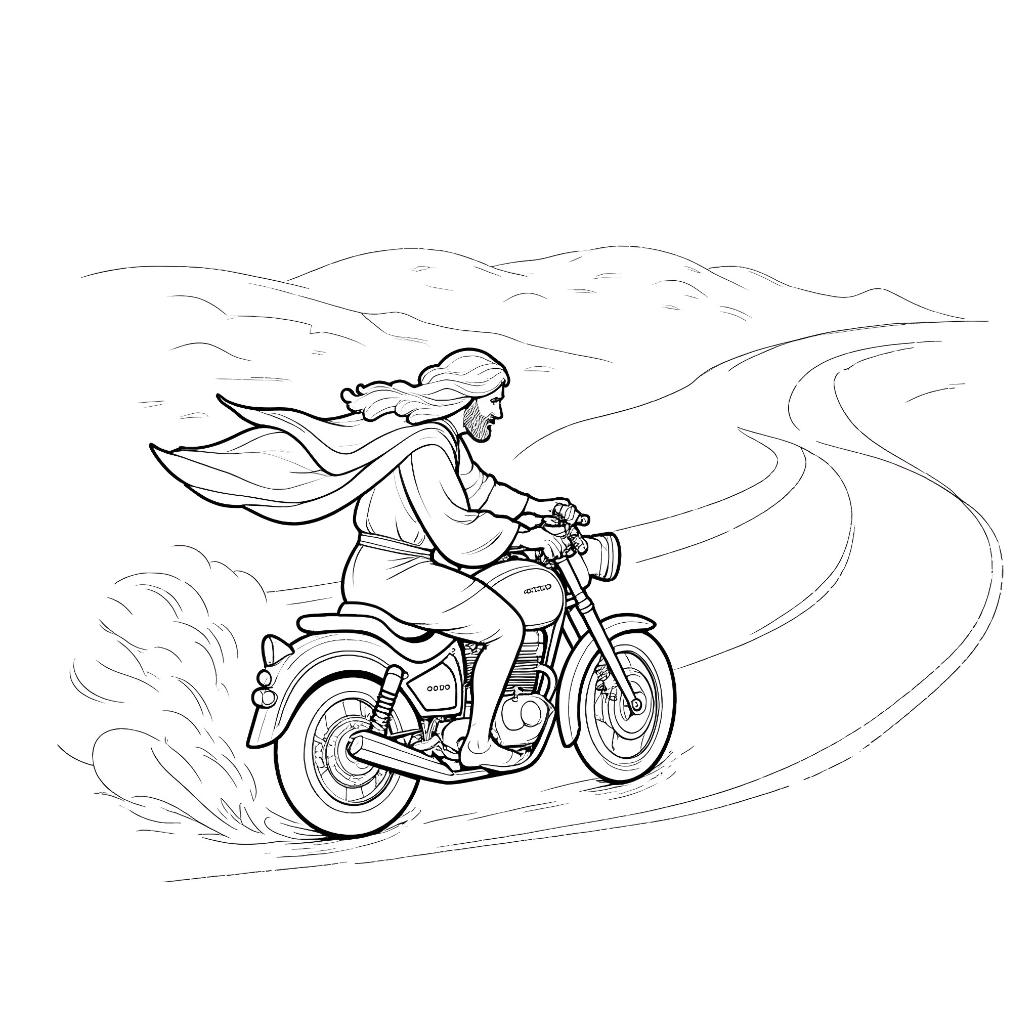 Jesus riding a motorcycle through the mountains Coloring Page (free black-and-white line drawing printable PDF for all, from beginners to advanced learners, including children, teens, adults, and seniors)