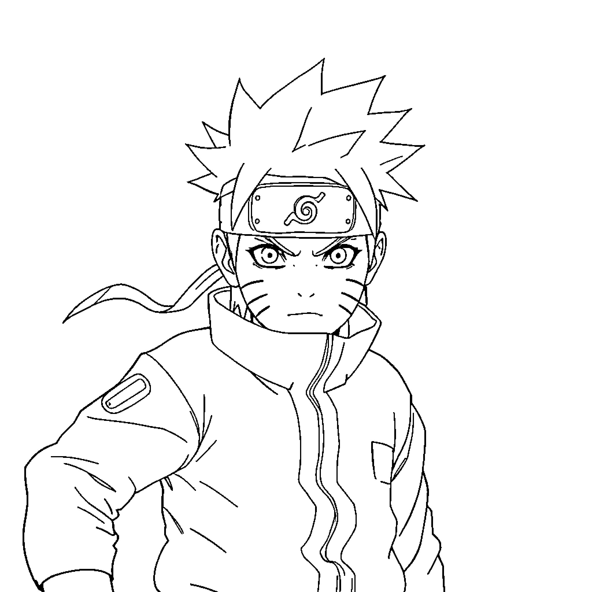 Naruto in serious ninja pose Coloring Page (free black-and-white line drawing printable PDF for all, from beginners to advanced learners, including children, teens, adults, and seniors)