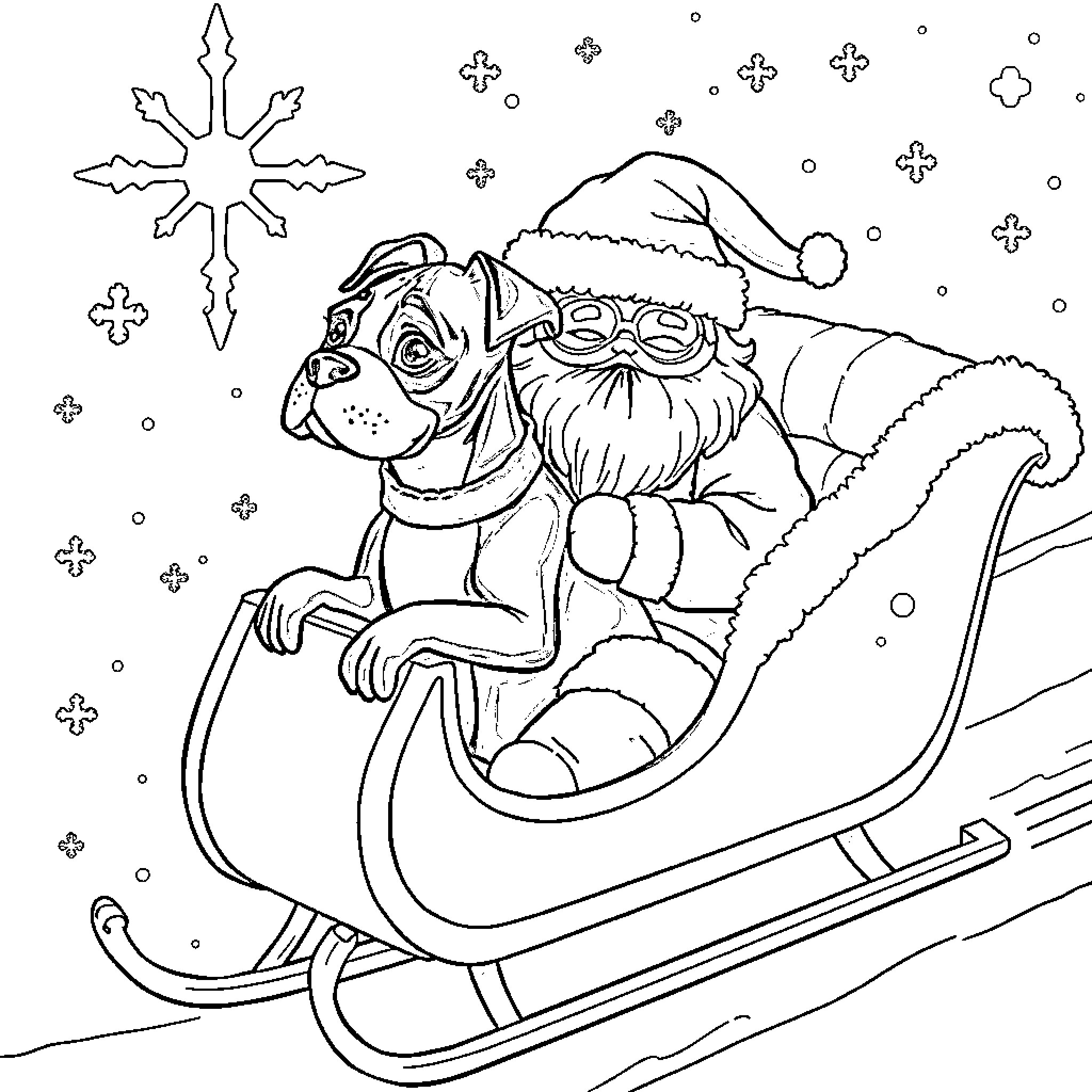Boxer riding a winter sleigh with holiday decorations Coloring Page (free black-and-white line drawing printable PDF for all, from beginners to advanced learners, including children, teens, adults, and seniors)