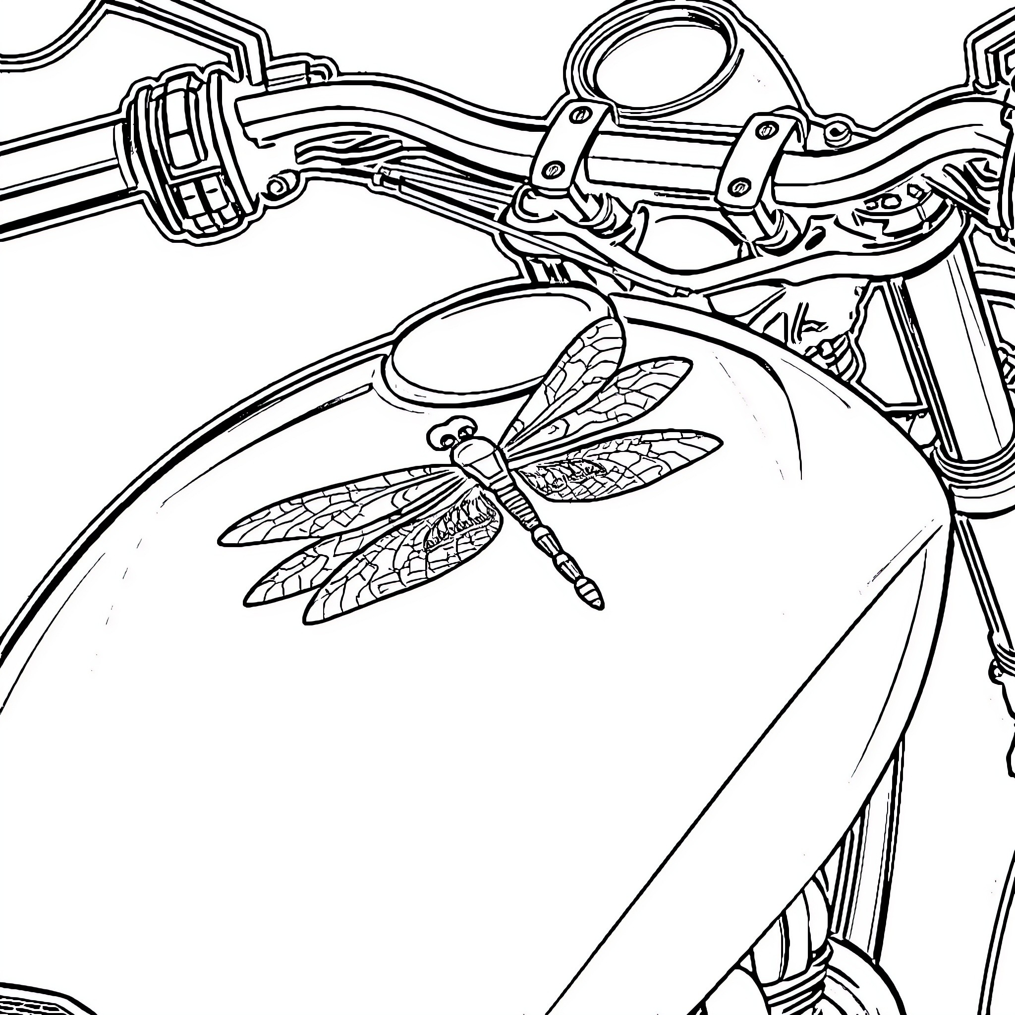 Dragonfly resting on vintage motorcycle Coloring Page (free black-and-white line drawing printable PDF for all, from beginners to advanced learners, including children, teens, adults, and seniors)