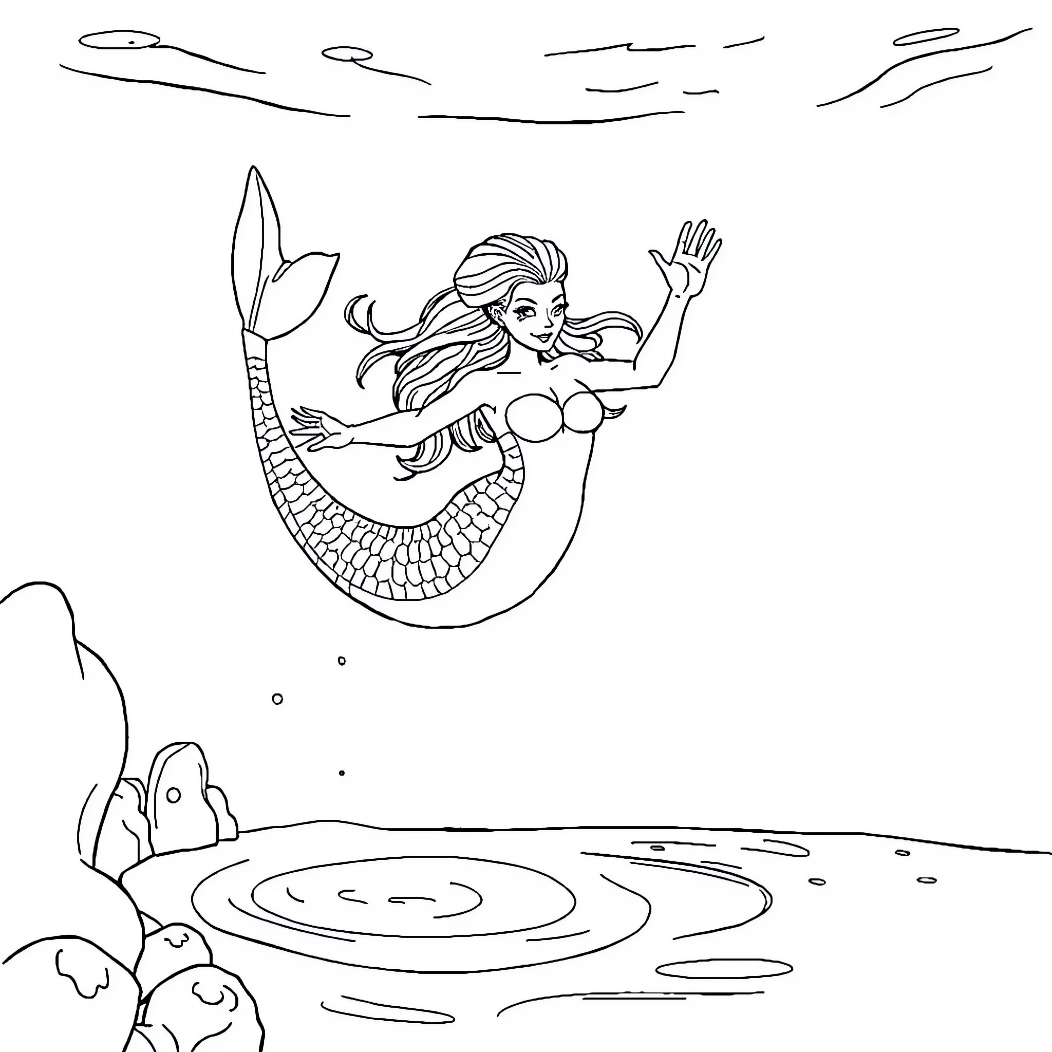 Mermaid Waves Hello in the Ocean Coloring Page (free black-and-white line drawing printable PDF for all, from beginners to advanced learners, including children, teens, adults, and seniors)
