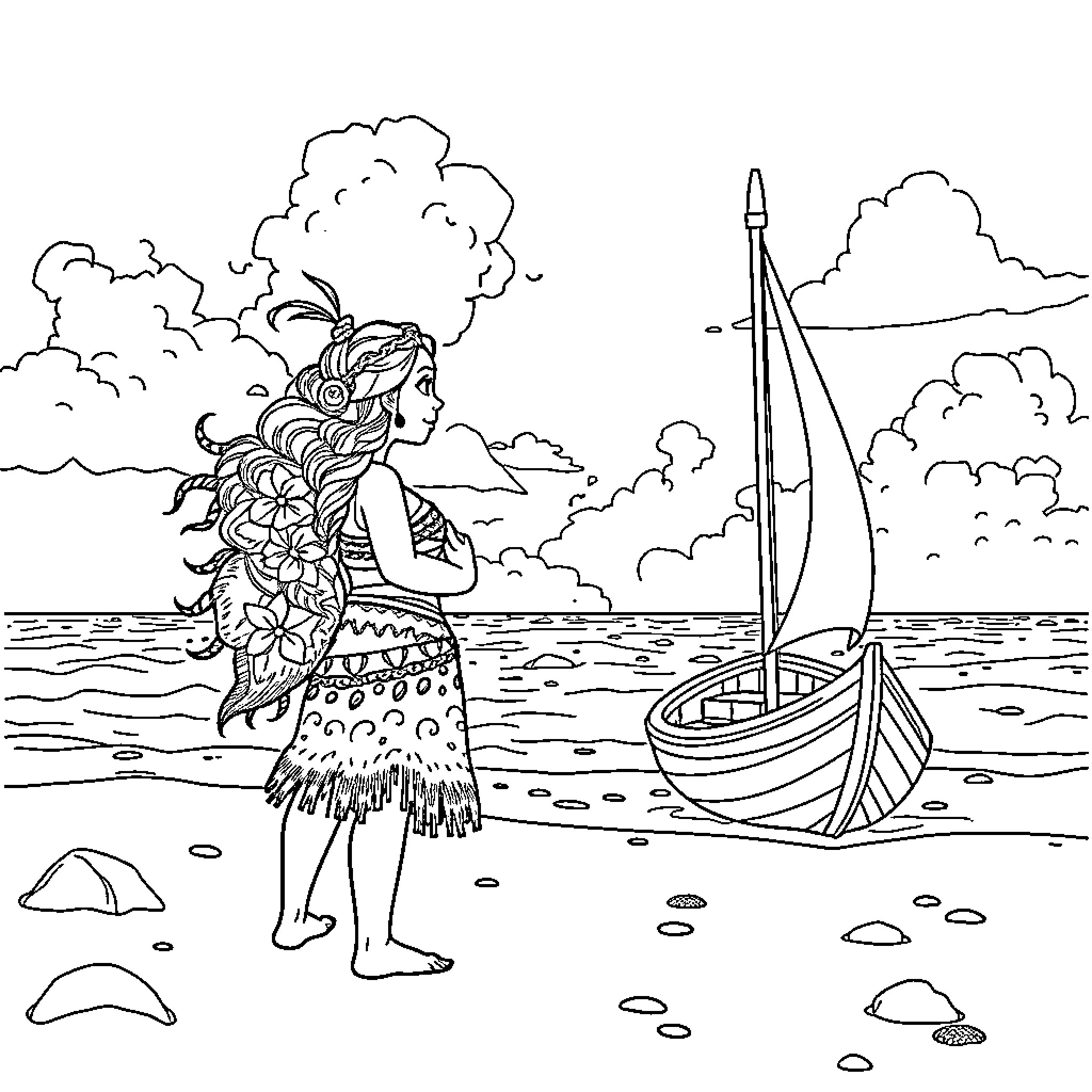 Moana sailing a boat on the ocean Coloring Page (free black-and-white line drawing printable PDF for all, from beginners to advanced learners, including children, teens, adults, and seniors)