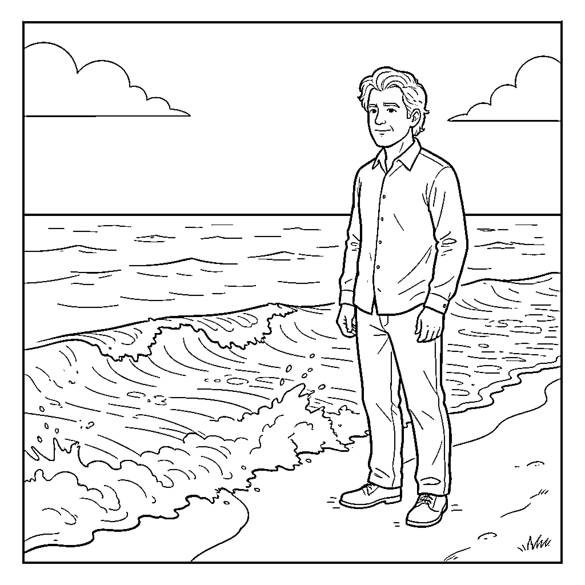 Tebboun standing calmly by the ocean waves Coloring Page (free black-and-white line drawing printable PDF for all, from beginners to advanced learners, including children, teens, adults, and seniors)