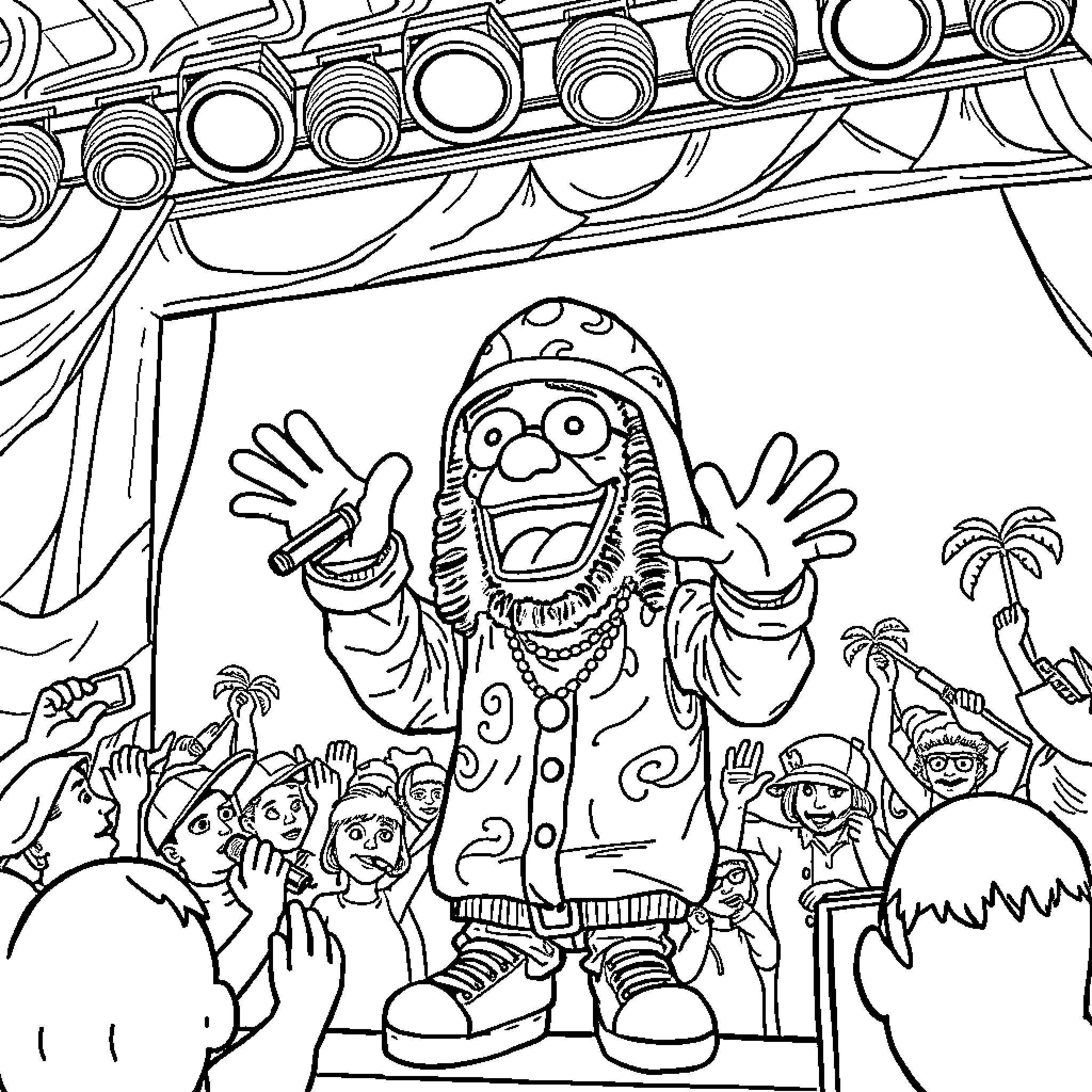 MF DOOM performing on stage with energetic crowd Coloring Page (free black-and-white line drawing printable PDF for all, from beginners to advanced learners, including children, teens, adults, and seniors)