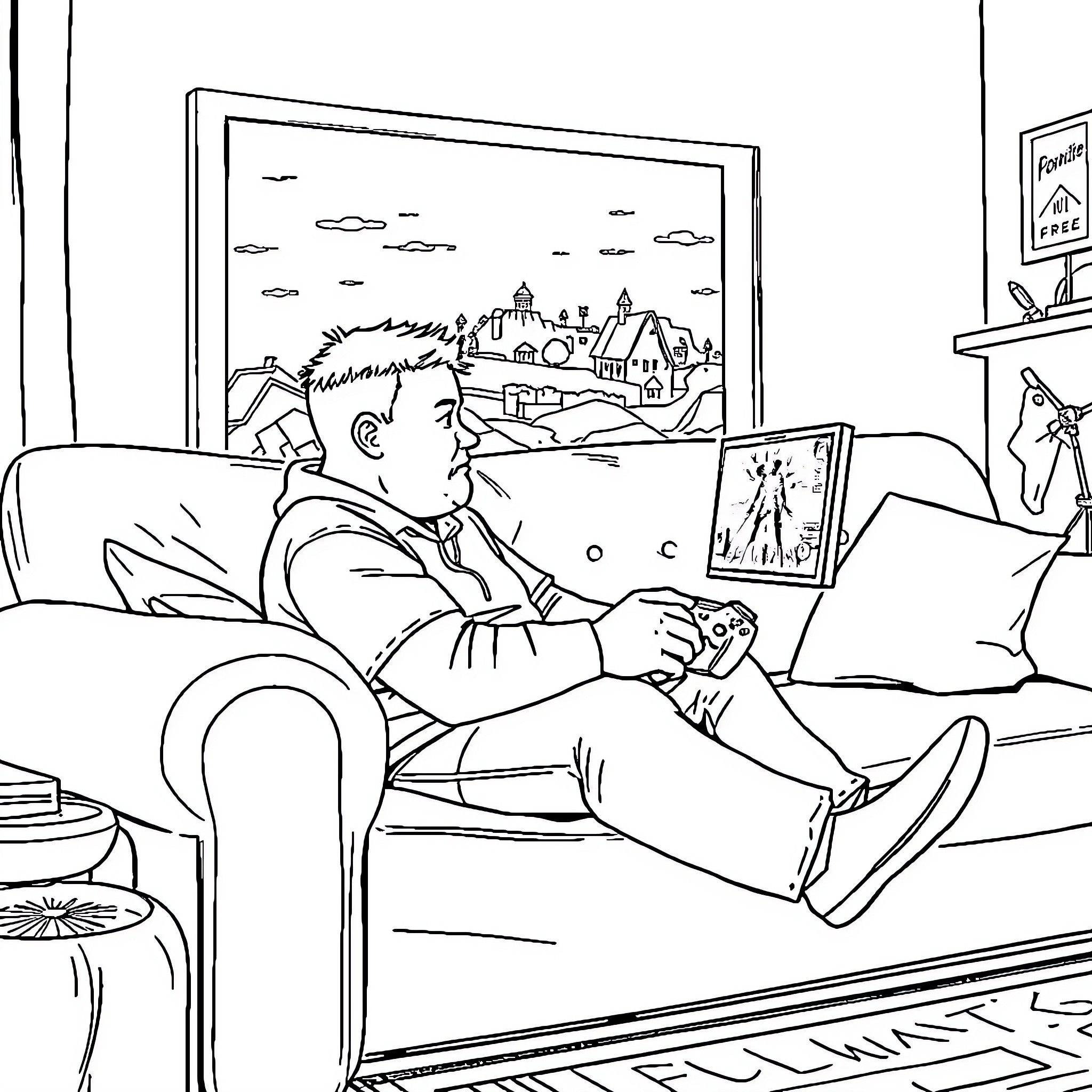 Bobby Hill relaxing and playing video games at home Coloring Page (free black-and-white line drawing printable PDF for all, from beginners to advanced learners, including children, teens, adults, and seniors)