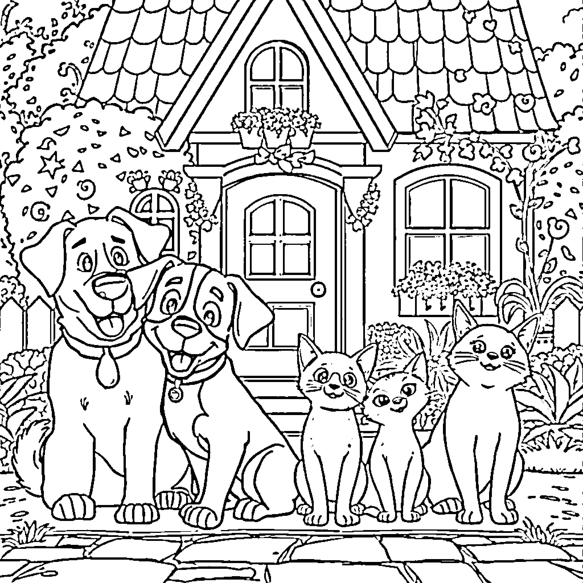 Dog and Cat Enjoying a Cozy Home Coloring Page (free black-and-white line drawing printable PDF for all, from beginners to advanced learners, including children, teens, adults, and seniors)