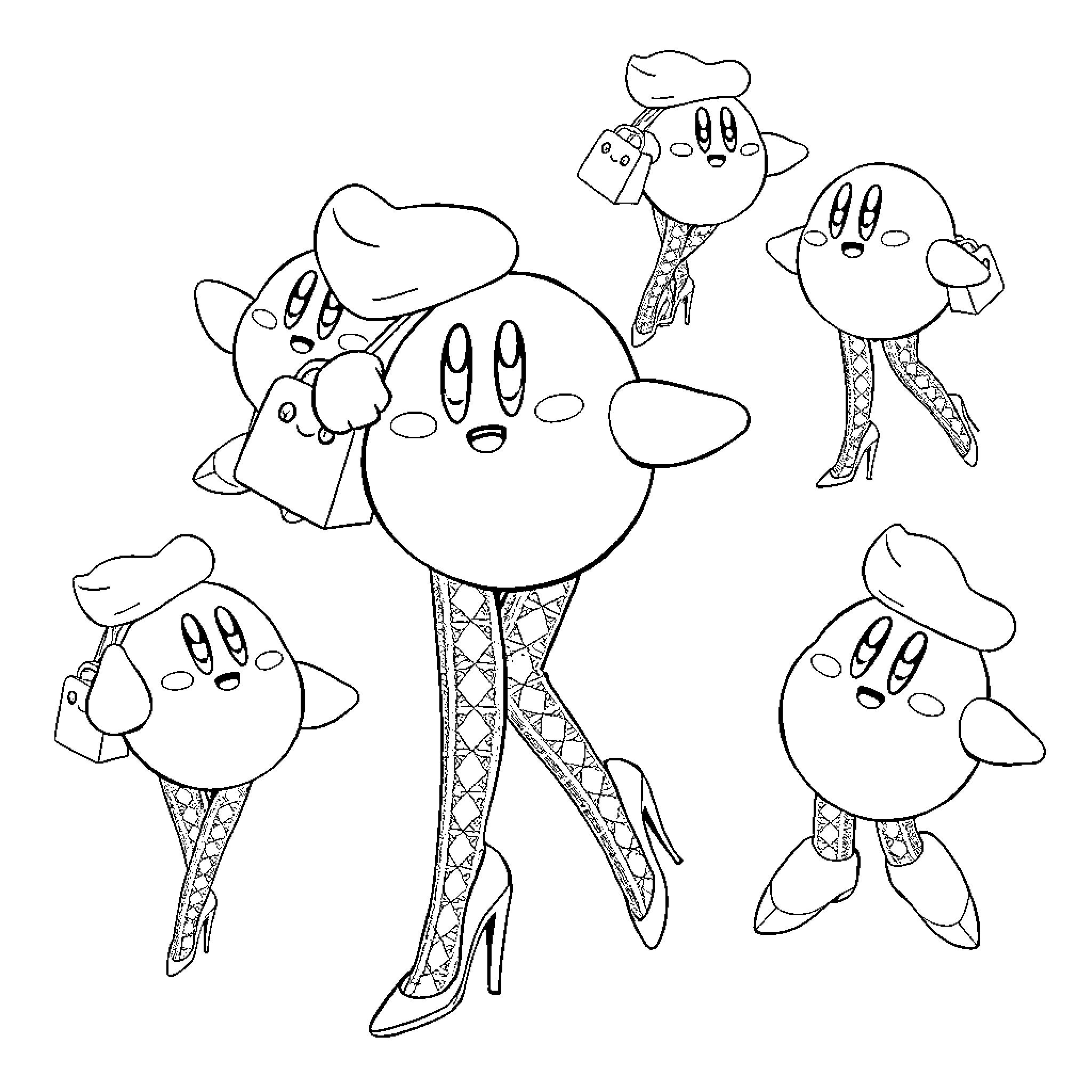 Kirby characters in fancy dress Coloring Page (free black-and-white line drawing printable PDF for all, from beginners to advanced learners, including children, teens, adults, and seniors)