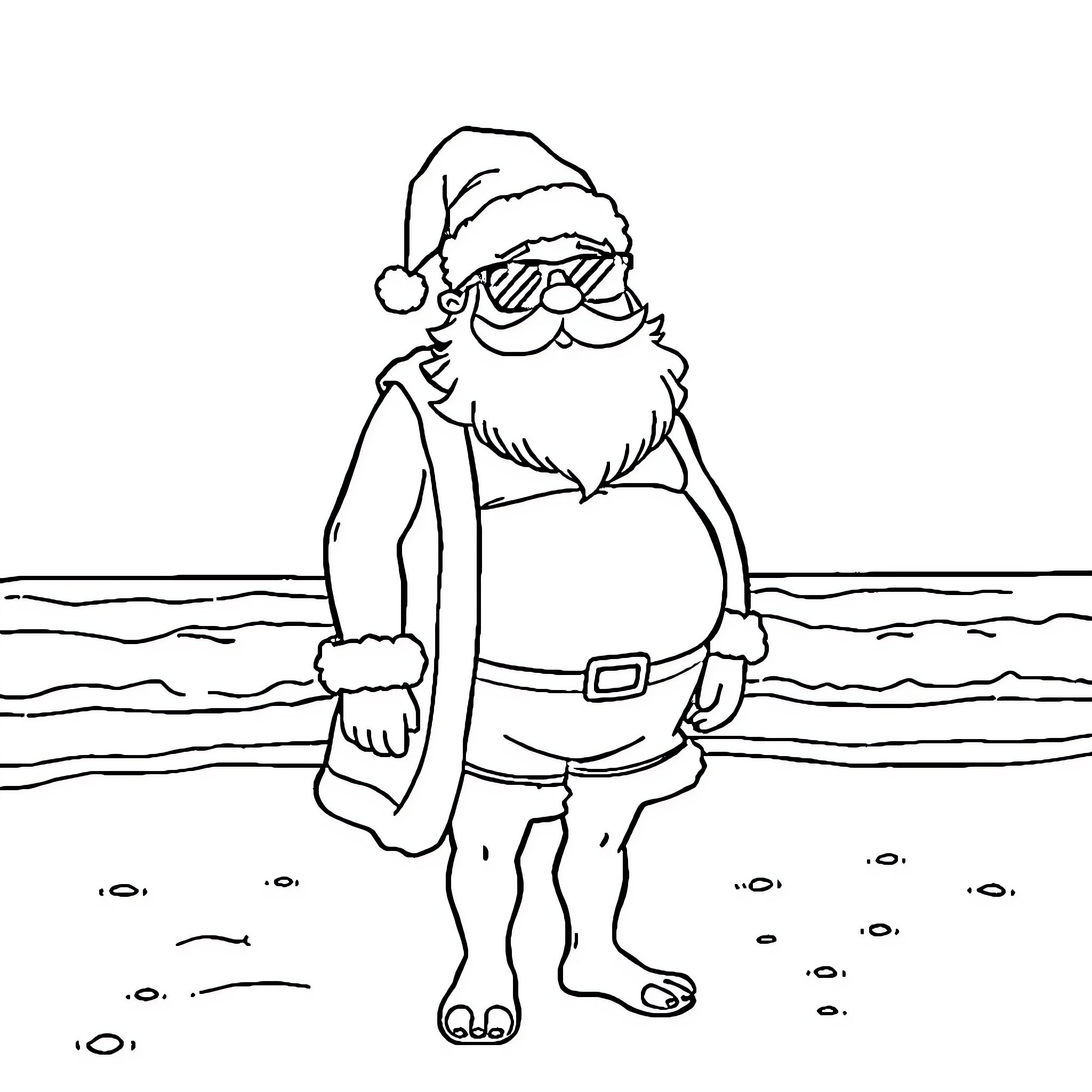 Santa Claus relaxing on the beach Coloring Page (free black-and-white line drawing printable PDF for all, from beginners to advanced learners, including children, teens, adults, and seniors)