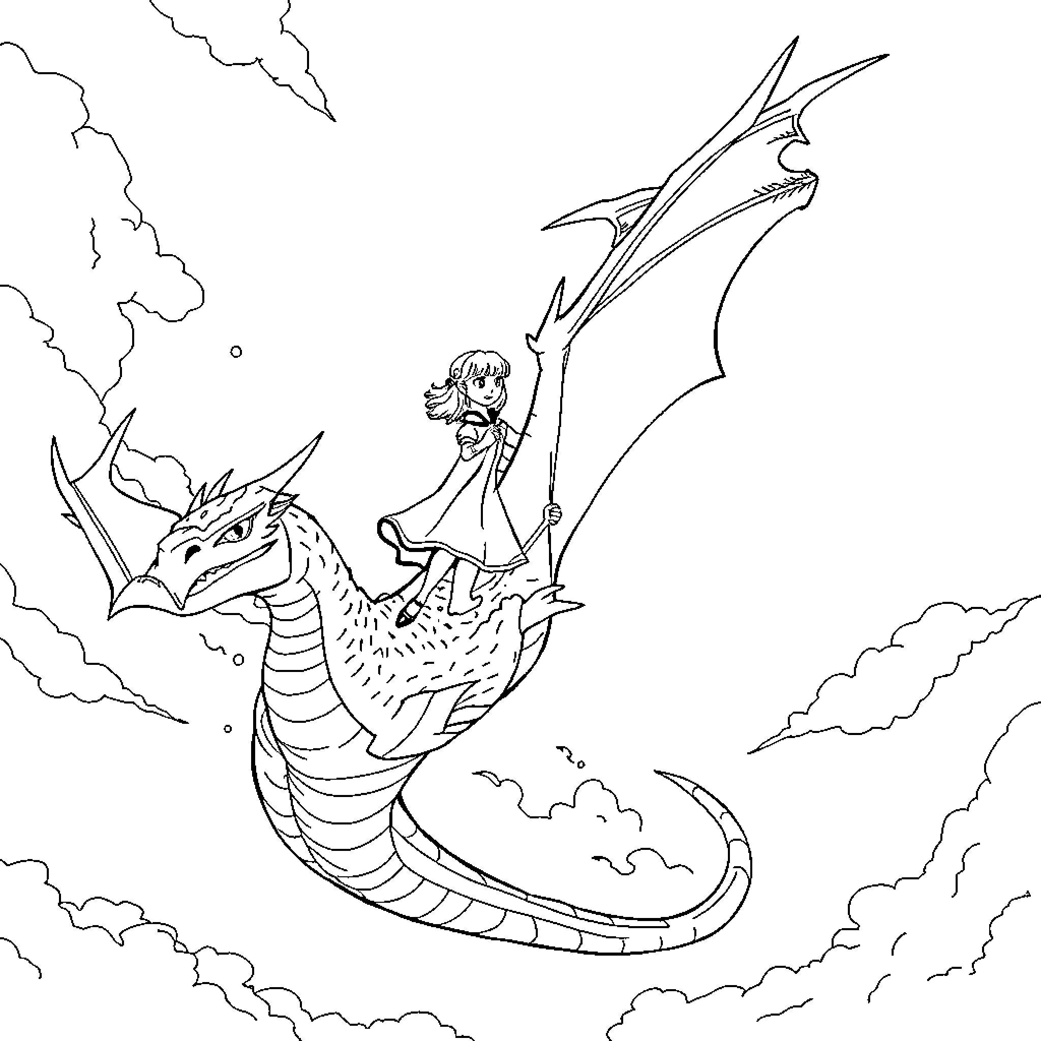 Dragon carrying a person in the sky Coloring Page (free black-and-white line drawing printable PDF for all, from beginners to advanced learners, including children, teens, adults, and seniors)