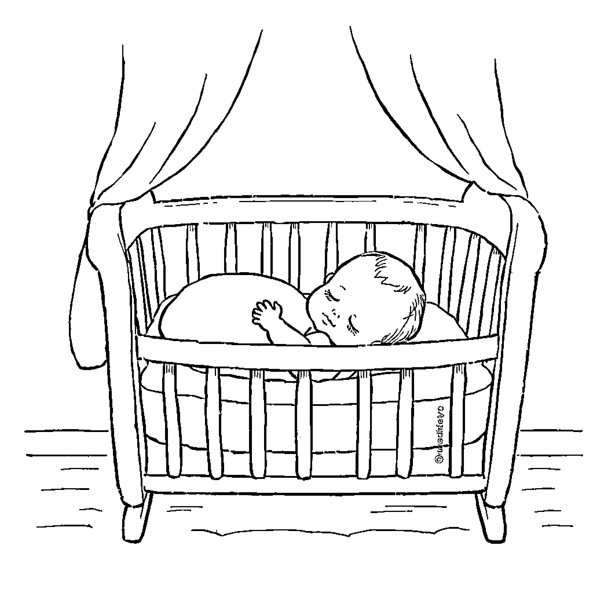 Baby sleeping peacefully in crib Coloring Page (free black-and-white line drawing printable PDF for all, from beginners to advanced learners, including children, teens, adults, and seniors)