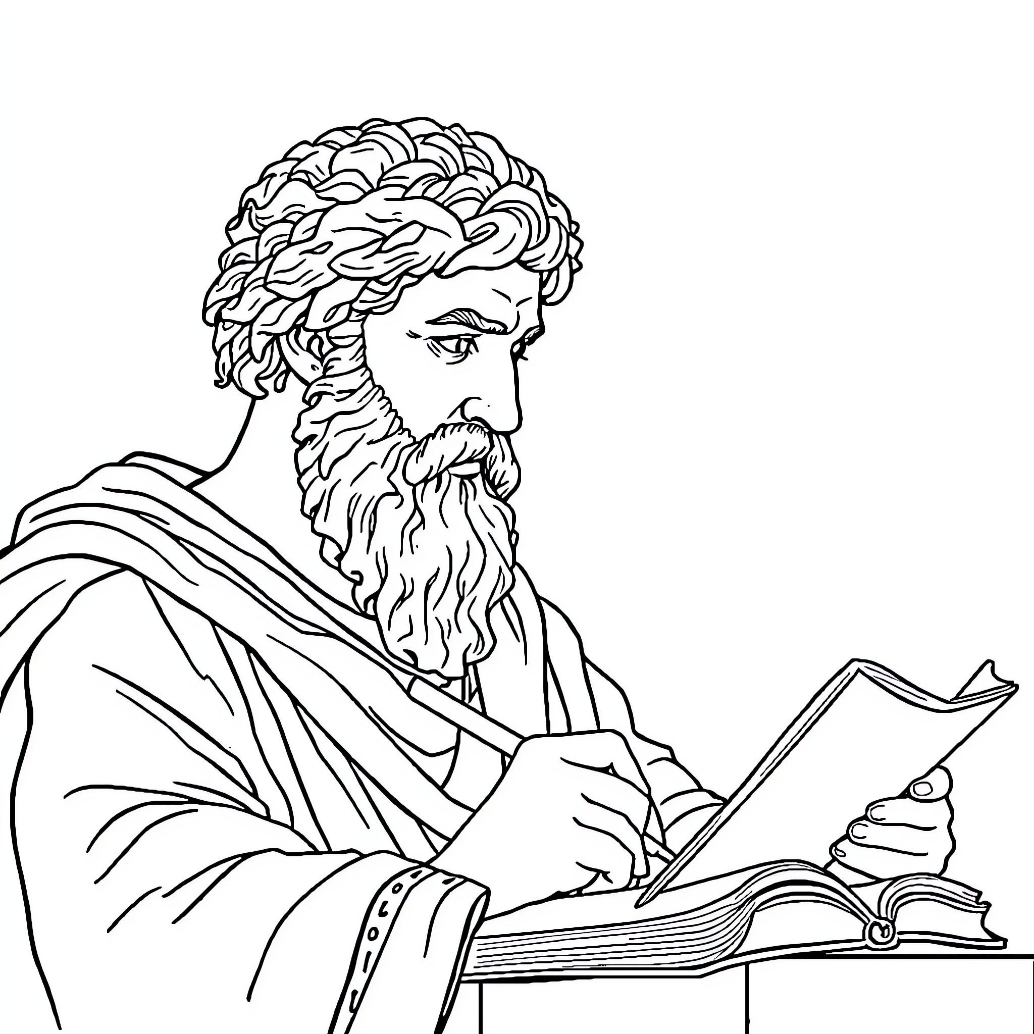 Marcus Aurelius engrossed in thoughtful writing Coloring Page (free black-and-white line drawing printable PDF for all, from beginners to advanced learners, including children, teens, adults, and seniors)