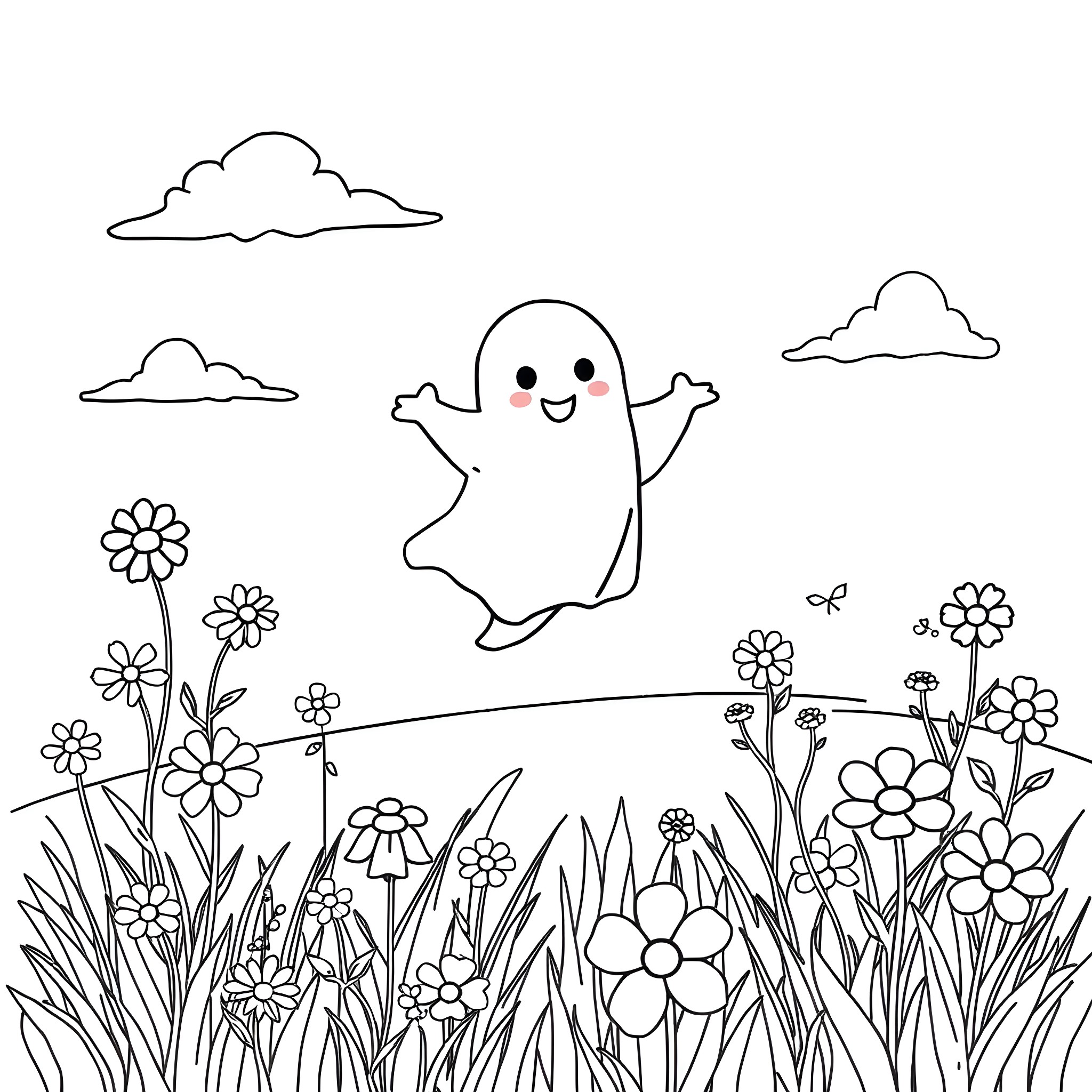 Ghost playing cheerfully in a flowery meadow Coloring Page (free black-and-white line drawing printable PDF for all, from beginners to advanced learners, including children, teens, adults, and seniors)