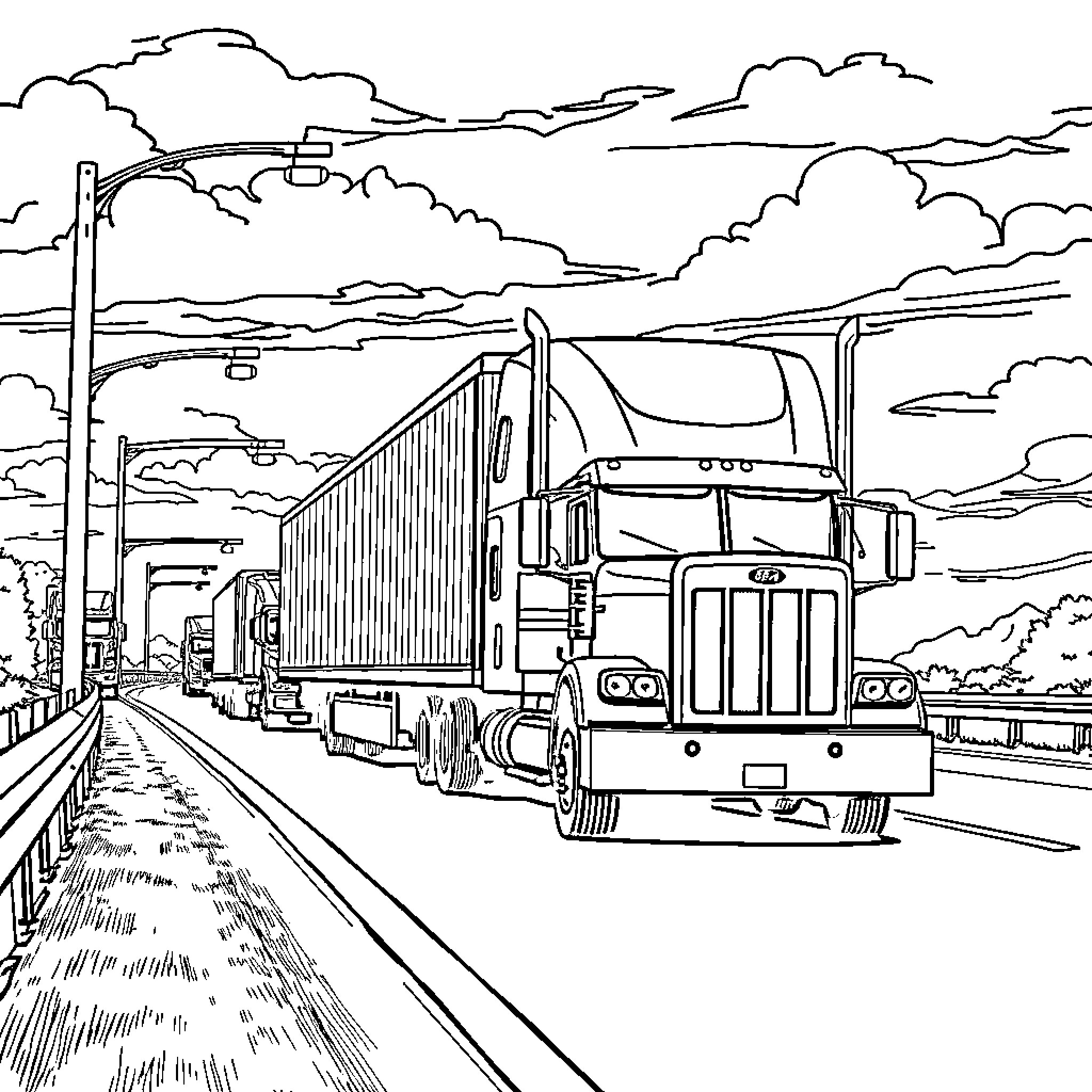Truck transporting goods on a highway with clouds Coloring Page (free black-and-white line drawing printable PDF for all, from beginners to advanced learners, including children, teens, adults, and seniors)