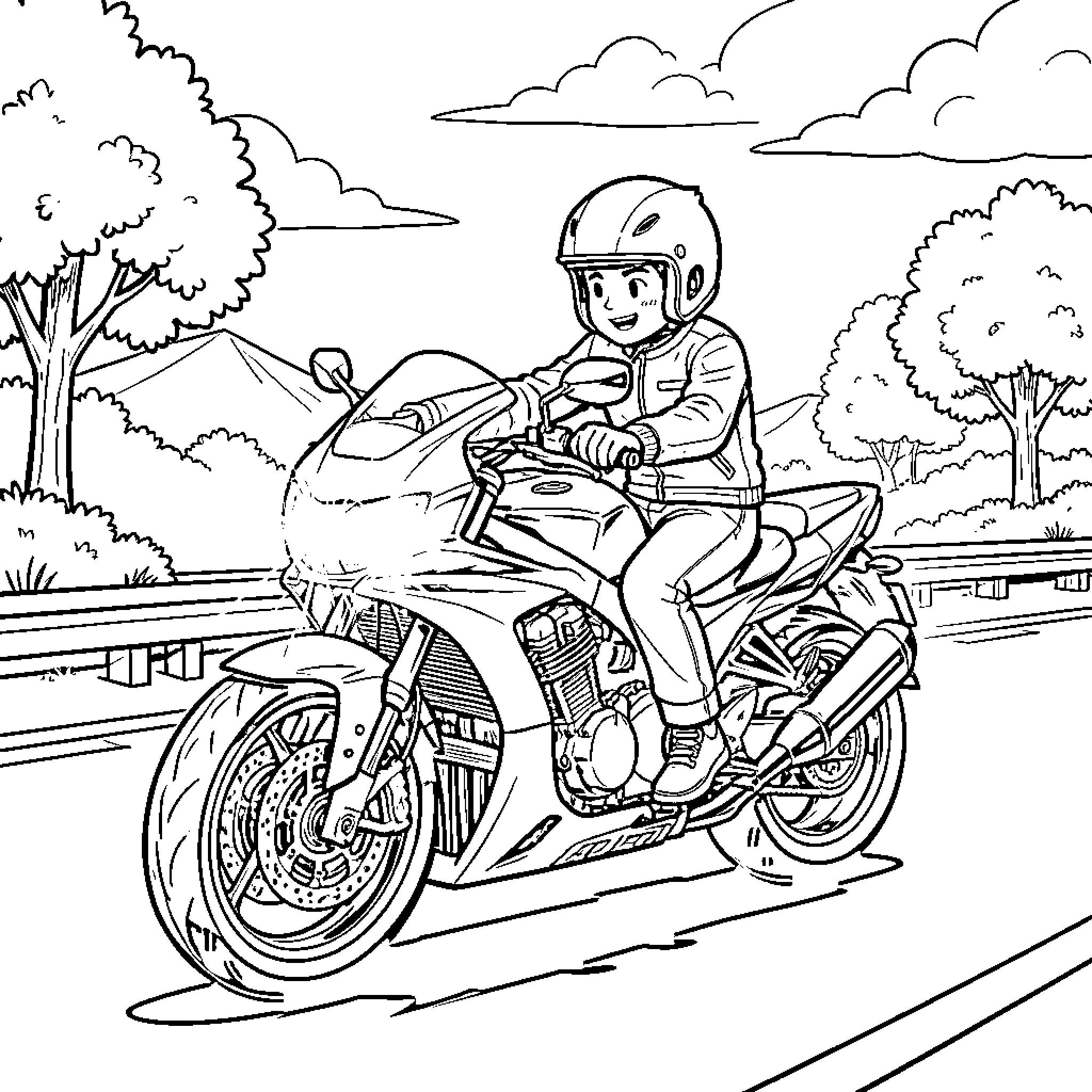 Boy riding motorcycle on scenic road Coloring Page (free black-and-white line drawing printable PDF for all, from beginners to advanced learners, including children, teens, adults, and seniors)