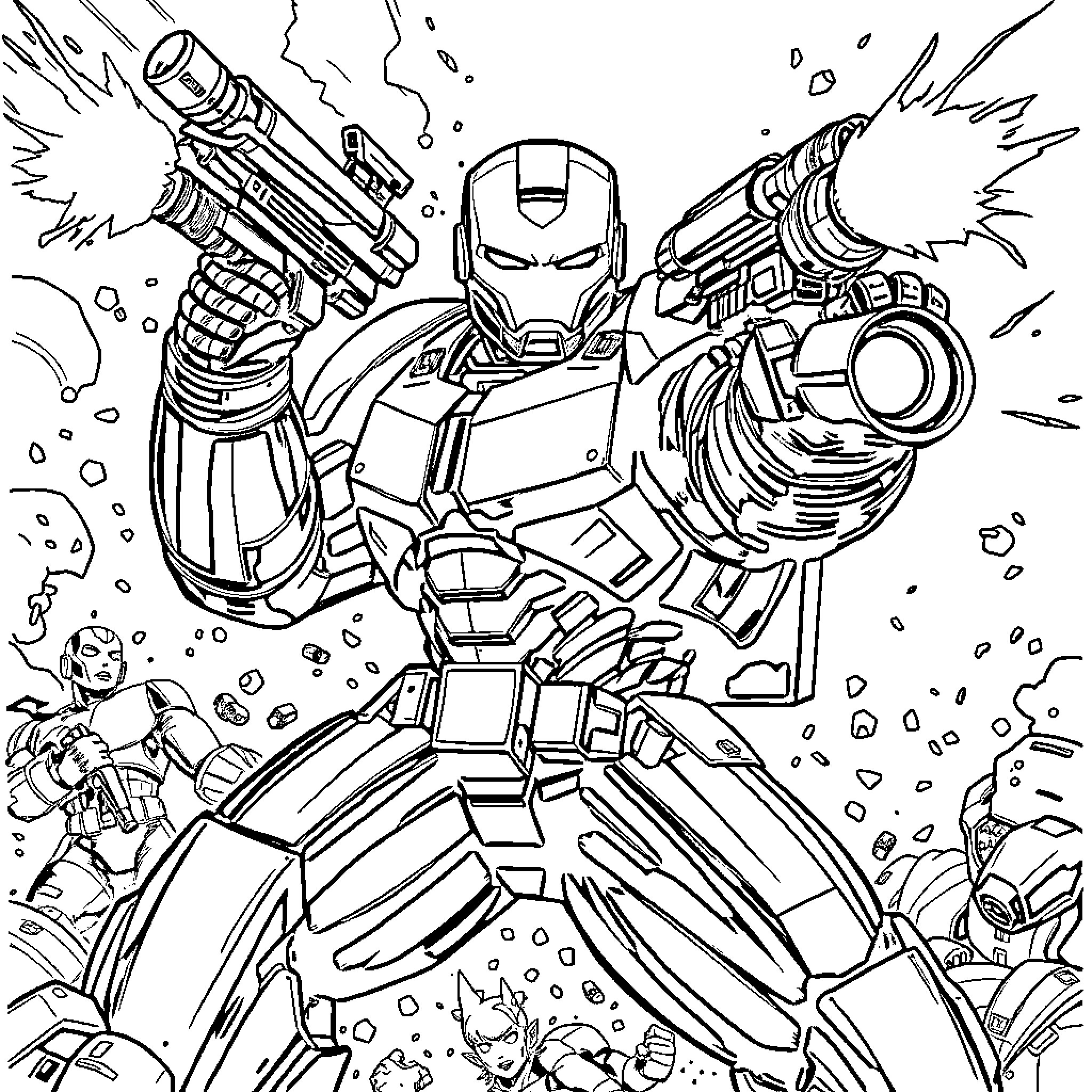 War Machine Unleashes Explosive Firepower in Intense Combat Coloring Page (free black-and-white line drawing printable PDF for all, from beginners to advanced learners, including children, teens, adults, and seniors)