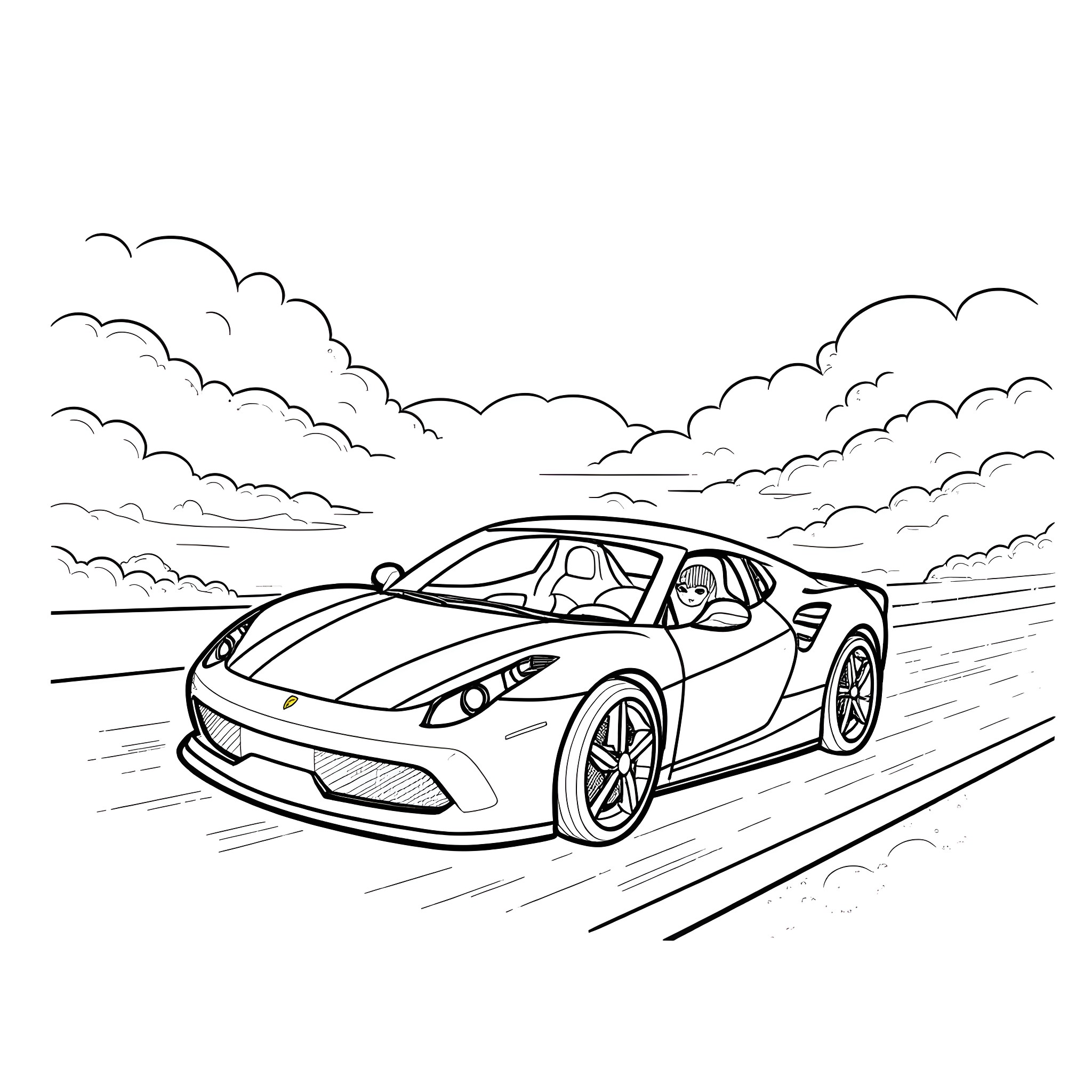 Barbie's sports car speeding through the countryside Coloring Page (free black-and-white line drawing printable PDF for all, from beginners to advanced learners, including children, teens, adults, and seniors)