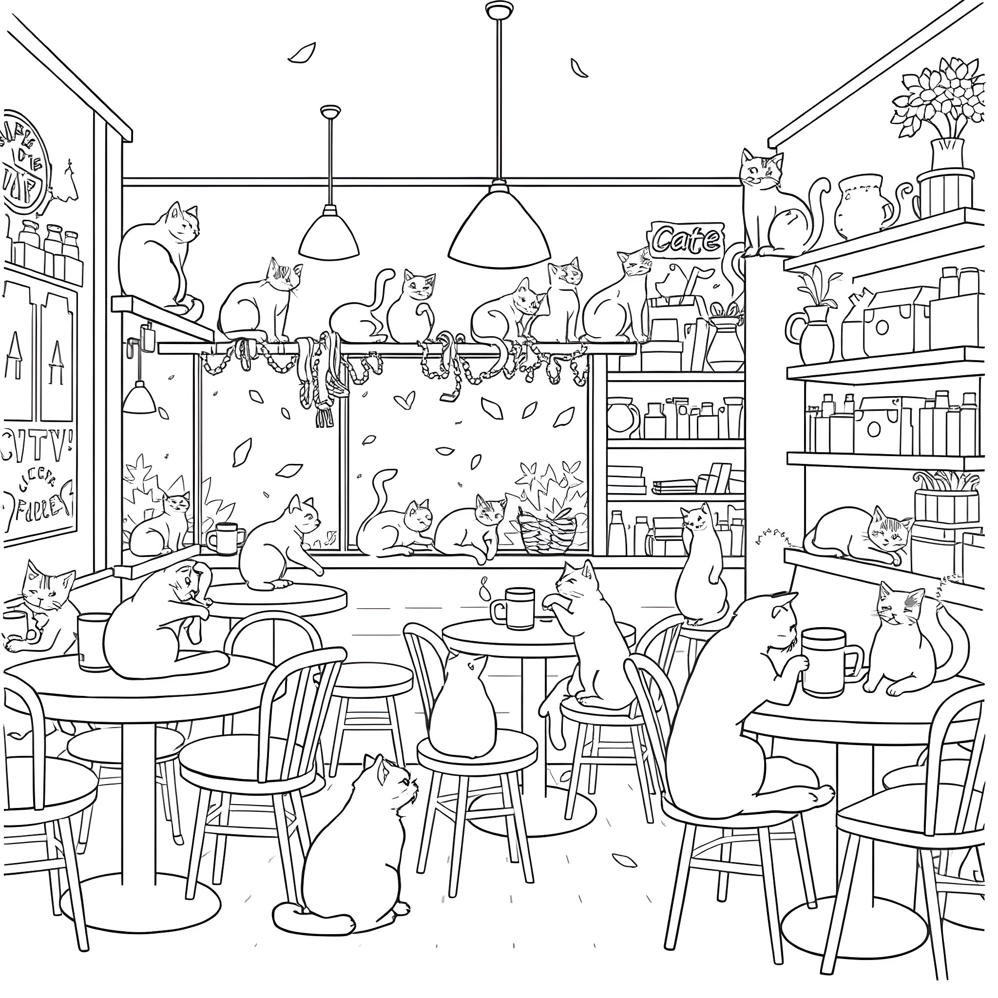 Cats at the Cozy Cafe Coloring Page (free black-and-white line drawing printable PDF for all, from beginners to advanced learners, including children, teens, adults, and seniors)