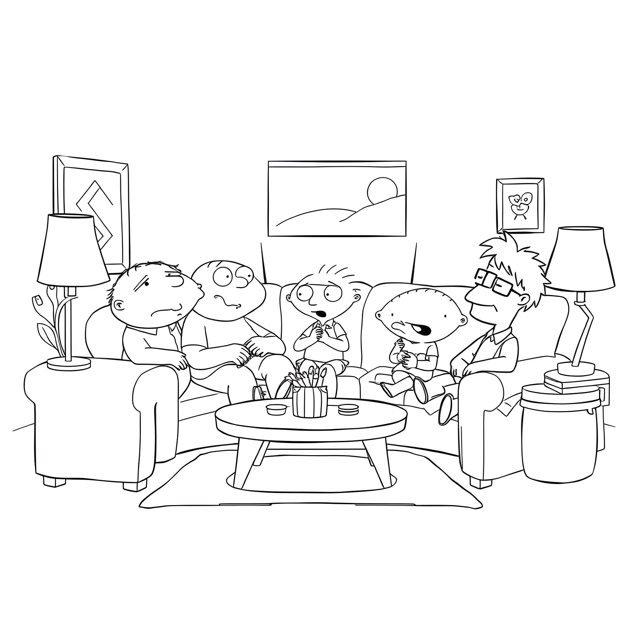 Family Guy in a Cozy Living Room Scene Coloring Page (free black-and-white line drawing printable PDF for all, from beginners to advanced learners, including children, teens, adults, and seniors)