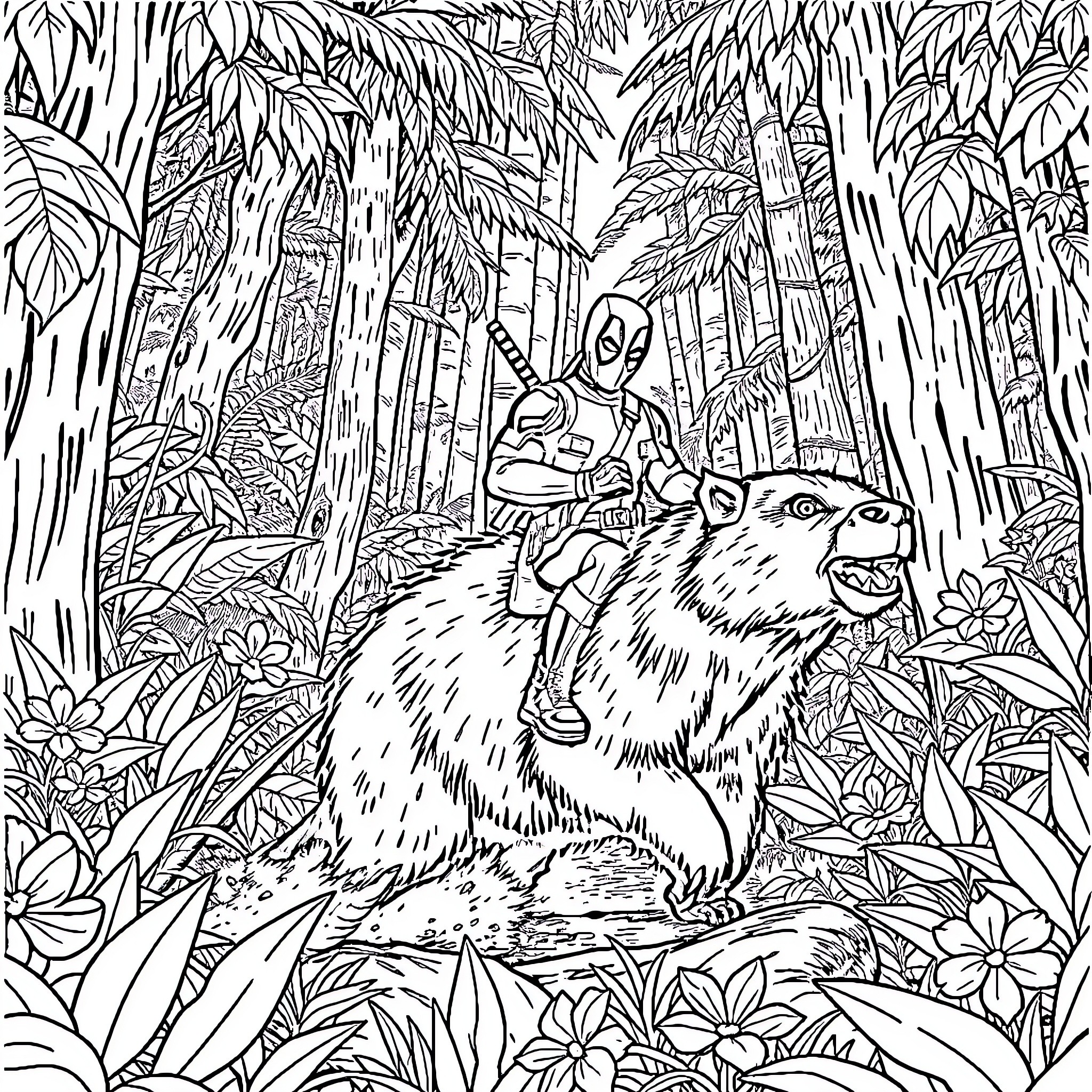 Deadpool's Jungle Adventure Coloring Page (free black-and-white line drawing printable PDF for all, from beginners to advanced learners, including children, teens, adults, and seniors)