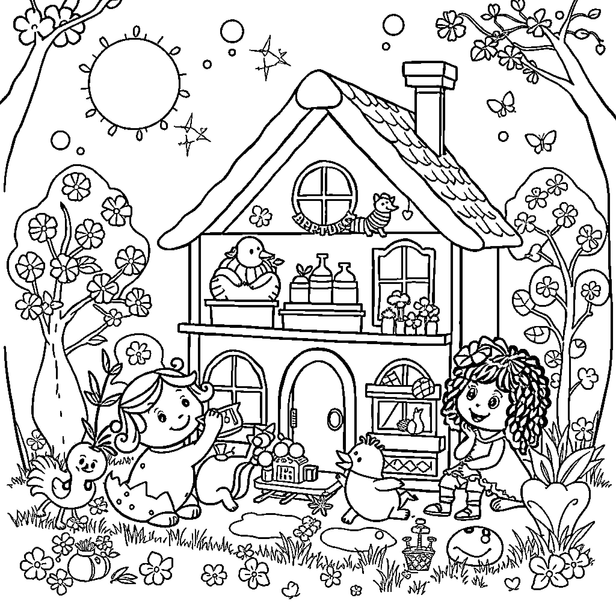 Dollhouse scene with playful dolls and floral decorations Coloring Page (free black-and-white line drawing printable PDF for all, from beginners to advanced learners, including children, teens, adults, and seniors)