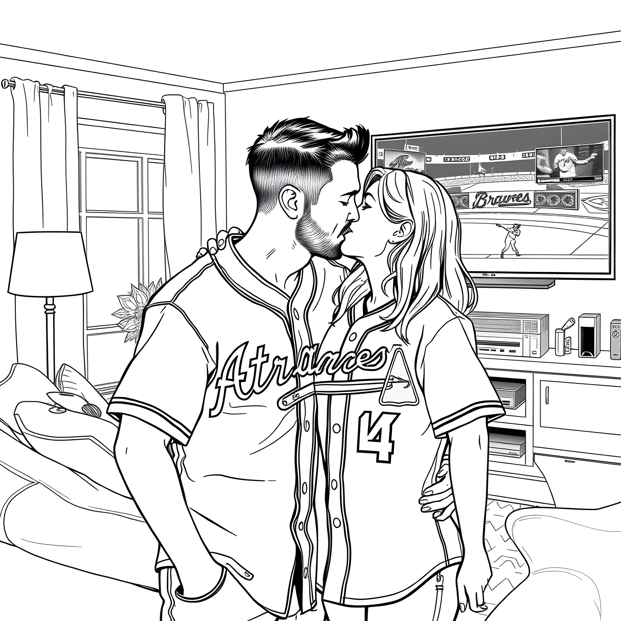 Couple romantically embracing in a cozy home Coloring Page (free black-and-white line drawing printable PDF for all, from beginners to advanced learners, including children, teens, adults, and seniors)