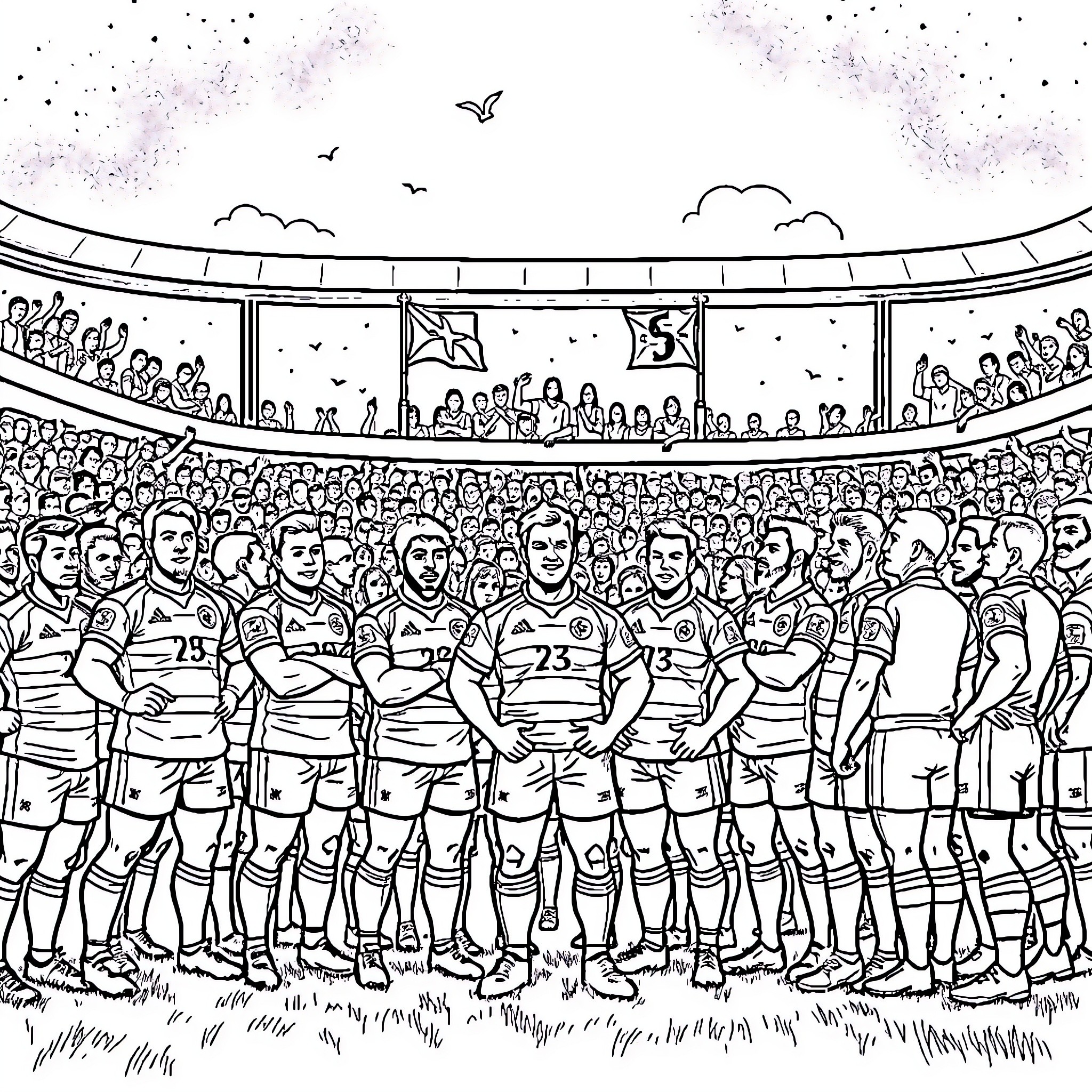 Rugby Team Standing on Field Before Match Coloring Page (free black-and-white line drawing printable PDF for all, from beginners to advanced learners, including children, teens, adults, and seniors)