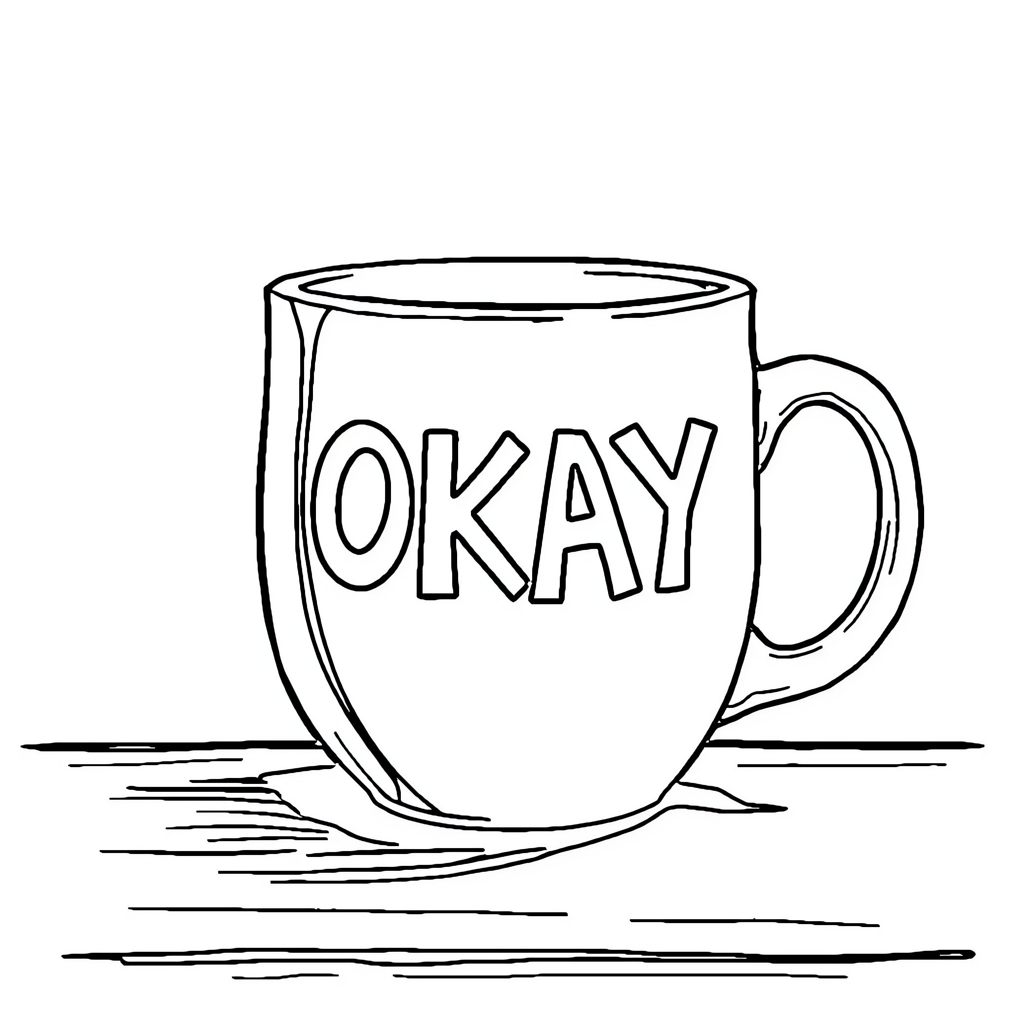 Coffee Cup with Okay Message Coloring Page (free black-and-white line drawing printable PDF for all, from beginners to advanced learners, including children, teens, adults, and seniors)