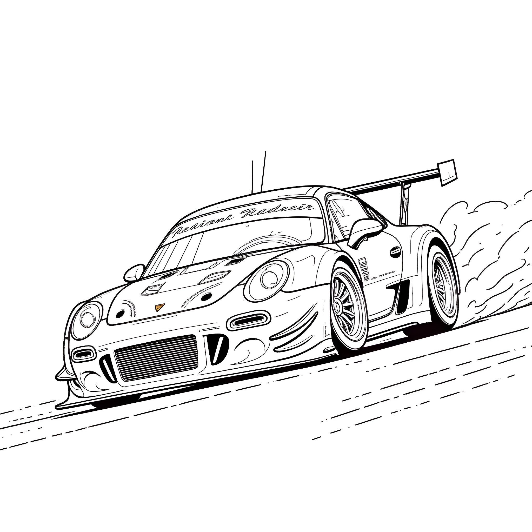 Racing Car on High-Speed Track Coloring Page (free black-and-white line drawing printable PDF for all, from beginners to advanced learners, including children, teens, adults, and seniors)