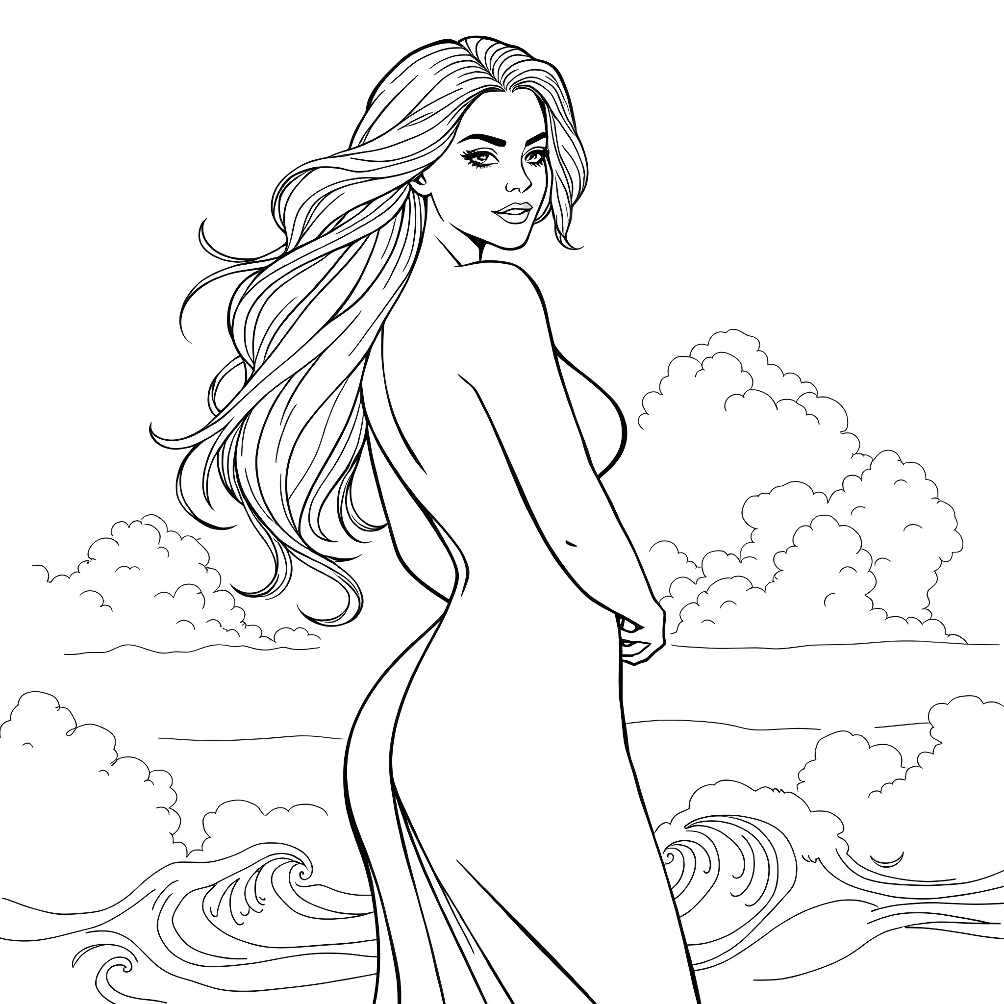 Woman in a flowing dress by the sea Coloring Page (free black-and-white line drawing printable PDF for all, from beginners to advanced learners, including children, teens, adults, and seniors)