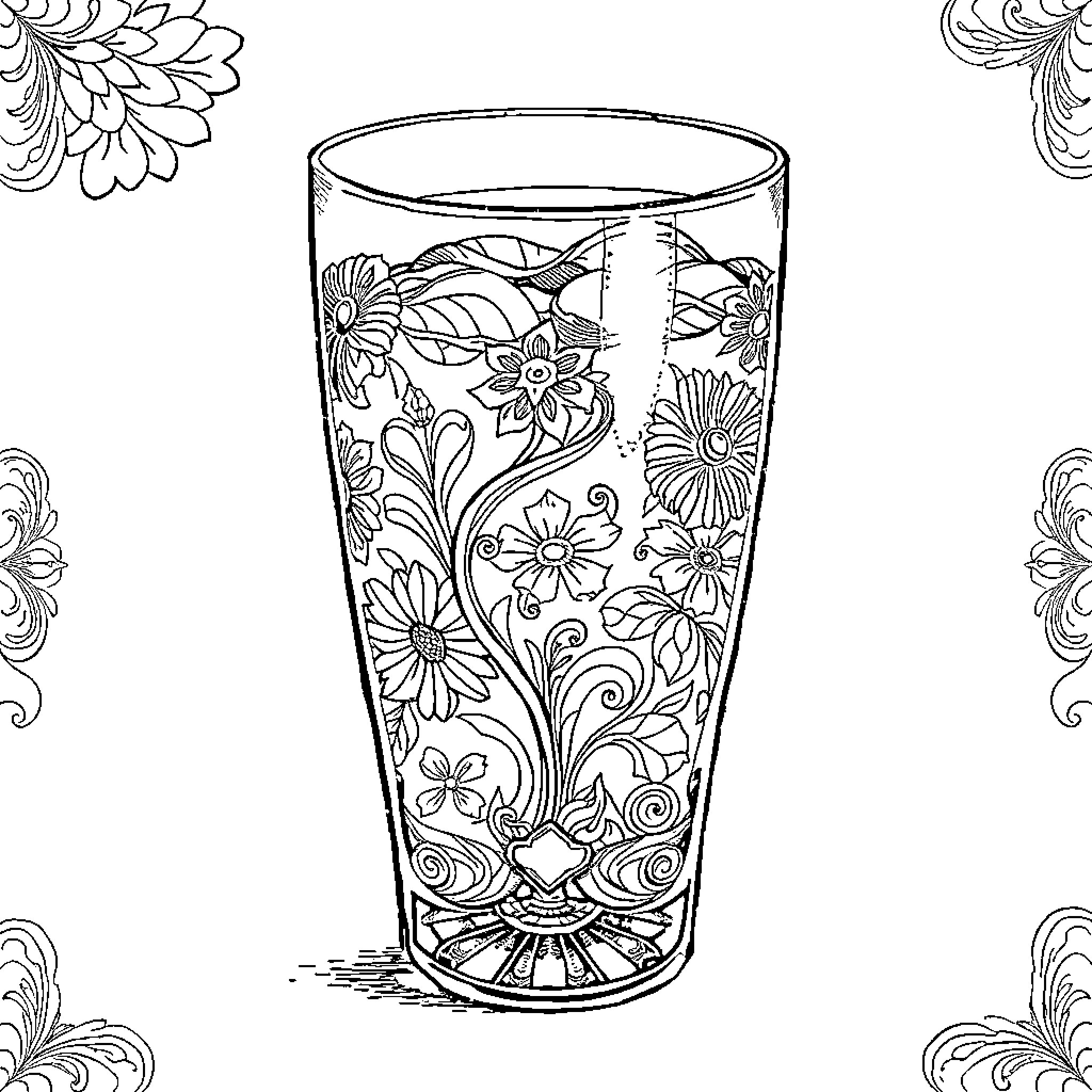 Glass filled with floral patterns and designs Coloring Page (free black-and-white line drawing printable PDF for all, from beginners to advanced learners, including children, teens, adults, and seniors)