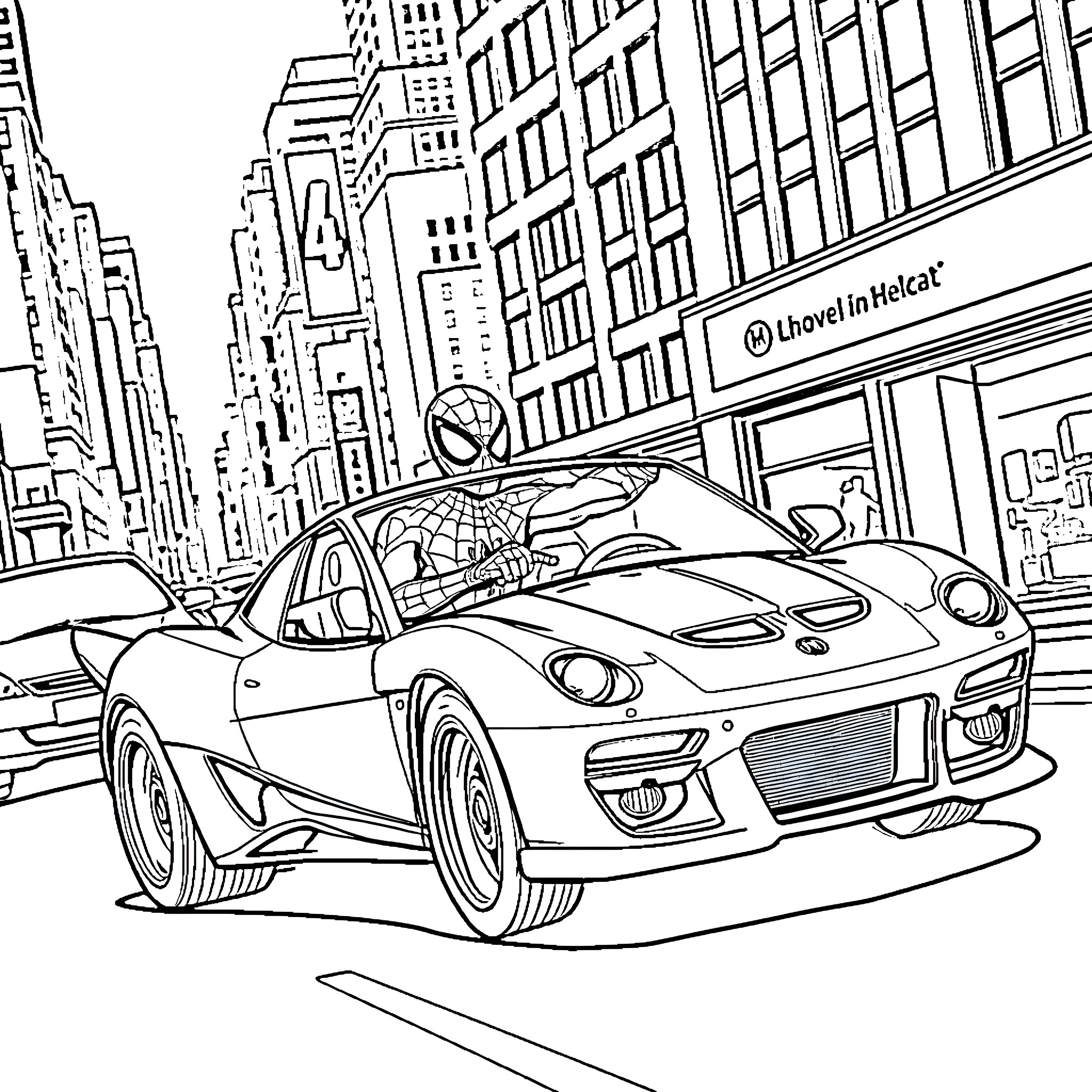 Spider-Man driving a futuristic sports car in the city Coloring Page (free black-and-white line drawing printable PDF for all, from beginners to advanced learners, including children, teens, adults, and seniors)