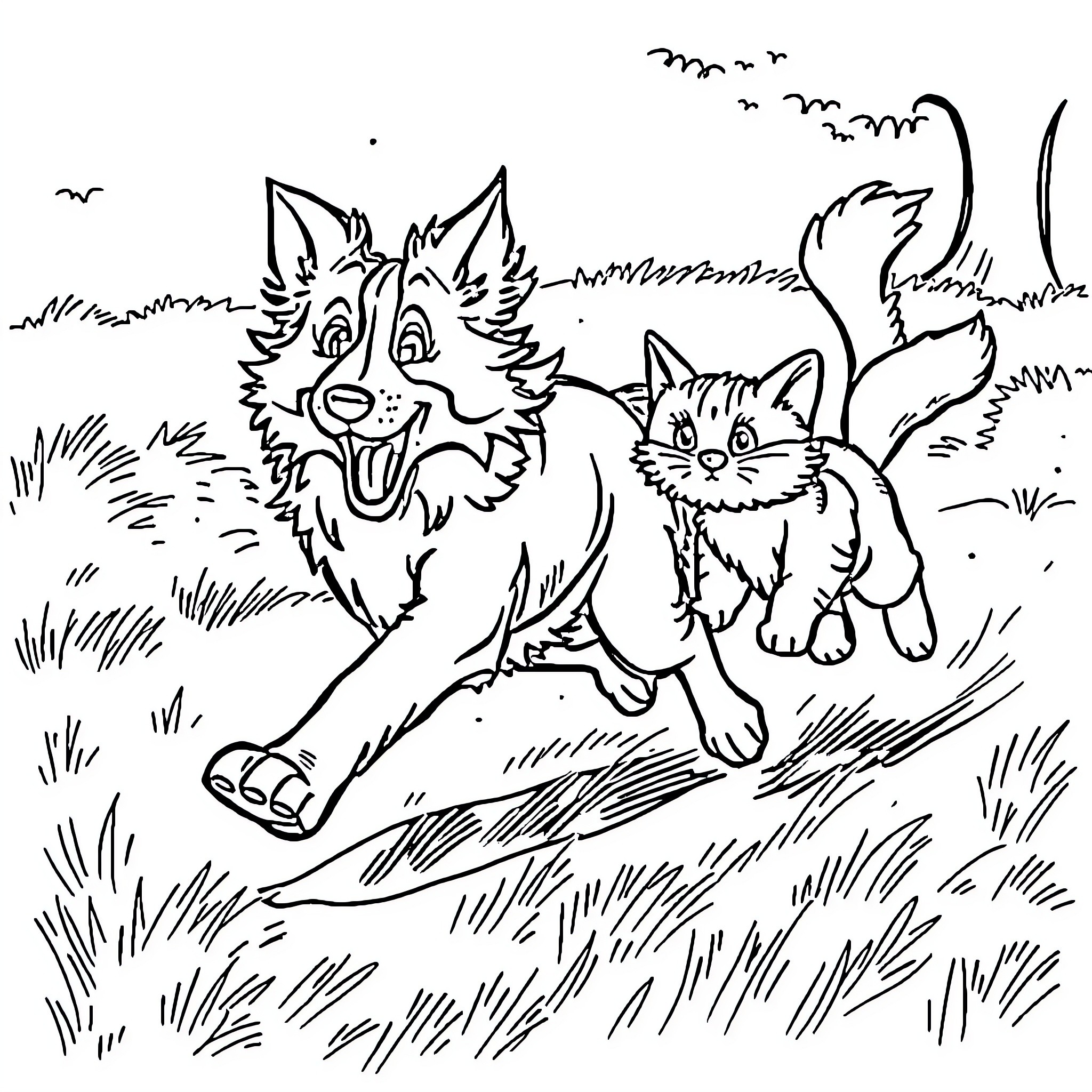 Border Collie chasing playful kitten in grassy field Coloring Page (free black-and-white line drawing printable PDF for all, from beginners to advanced learners, including children, teens, adults, and seniors)