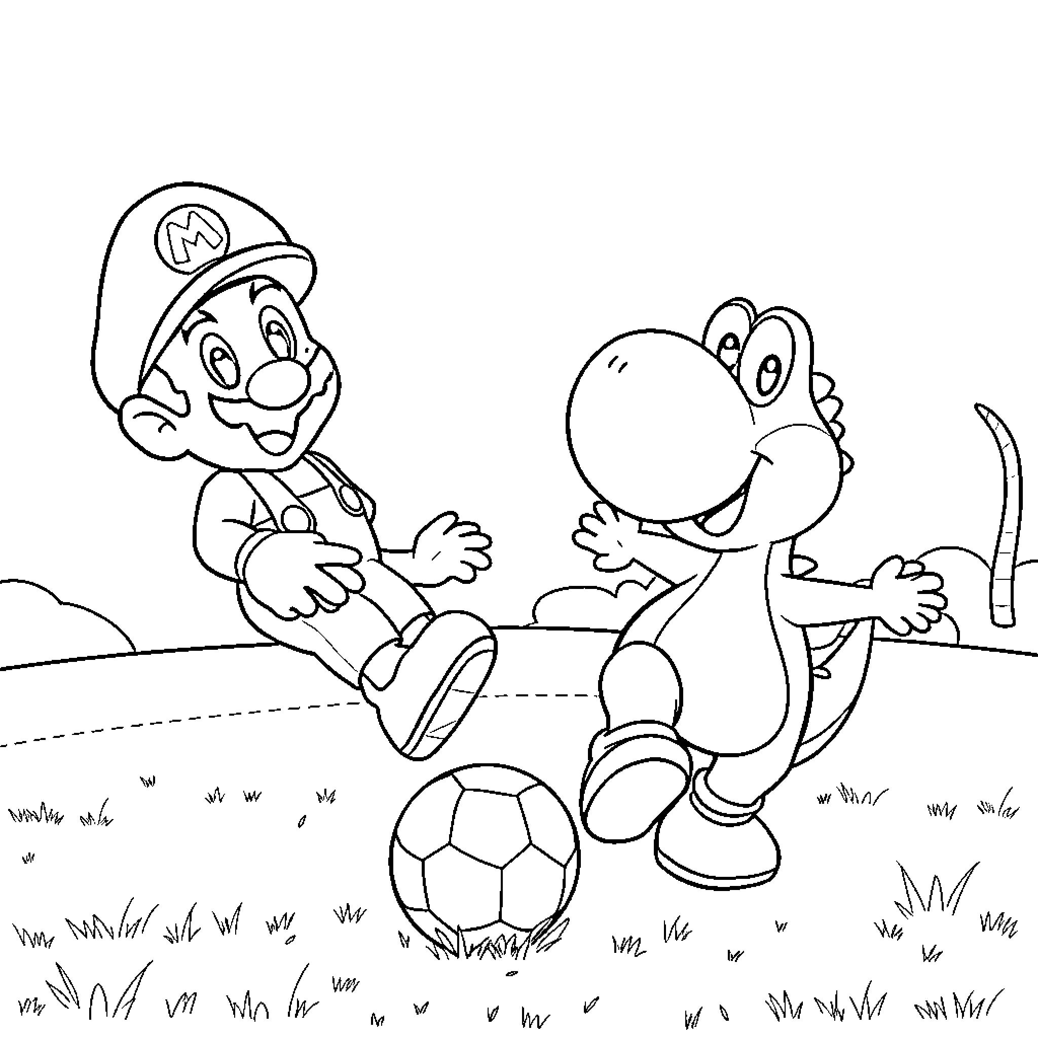 Yoshi and Mario playing soccer together Coloring Page (free black-and-white line drawing printable PDF for all, from beginners to advanced learners, including children, teens, adults, and seniors)