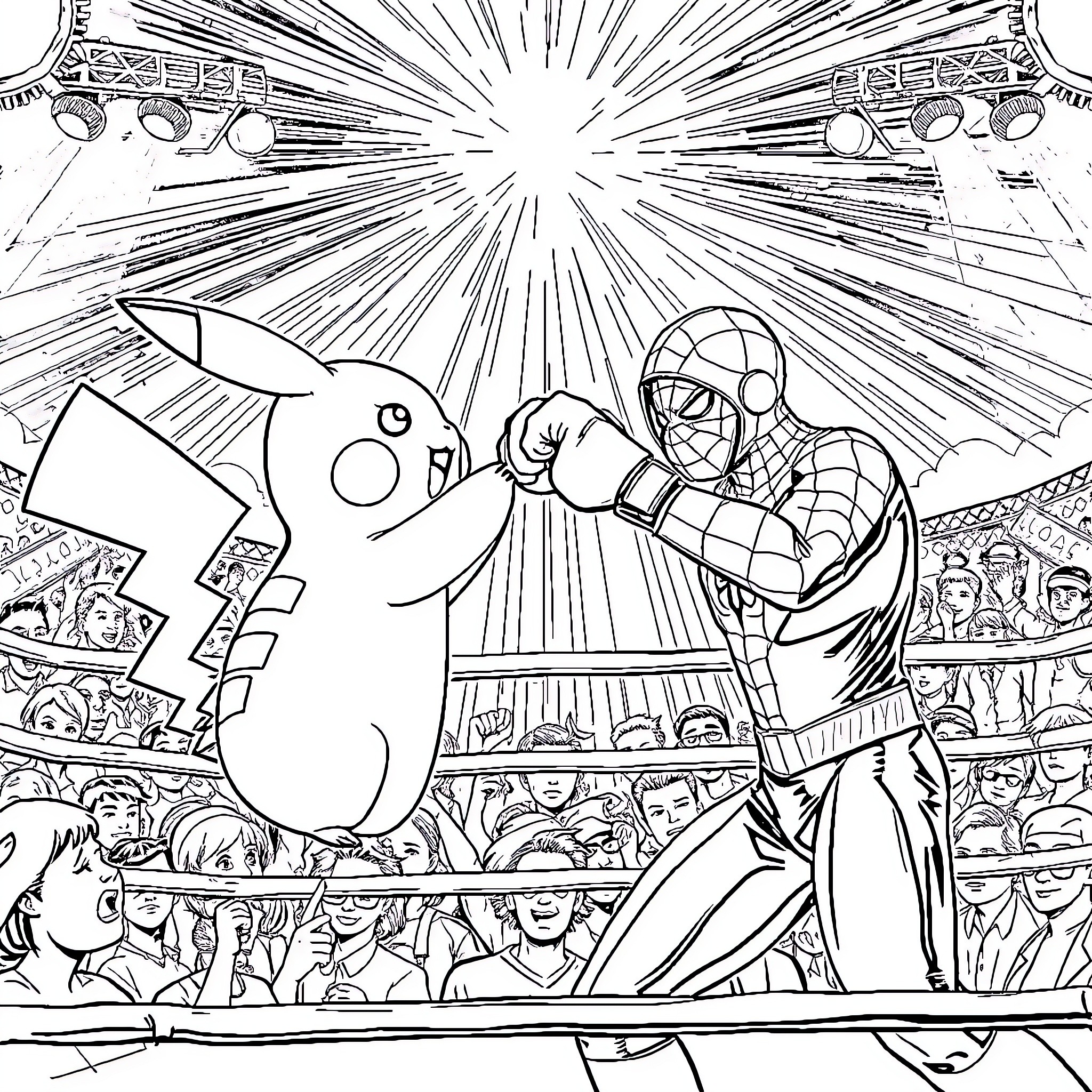 Spiderman in an epic battle with Pikachu in a stadium of fans Coloring Page (free black-and-white line drawing printable PDF for all, from beginners to advanced learners, including children, teens, adults, and seniors)