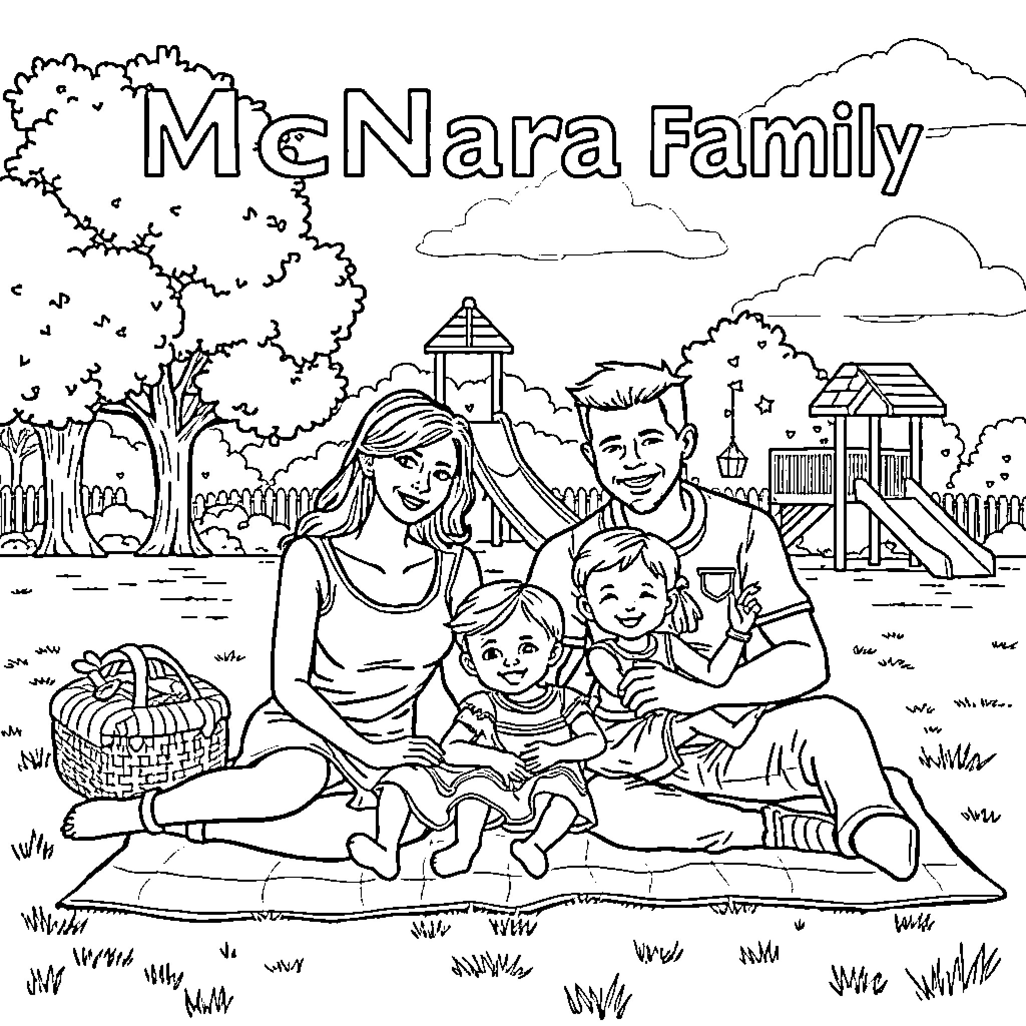 Family enjoying a picnic in the park Coloring Page (free black-and-white line drawing printable PDF for all, from beginners to advanced learners, including children, teens, adults, and seniors)