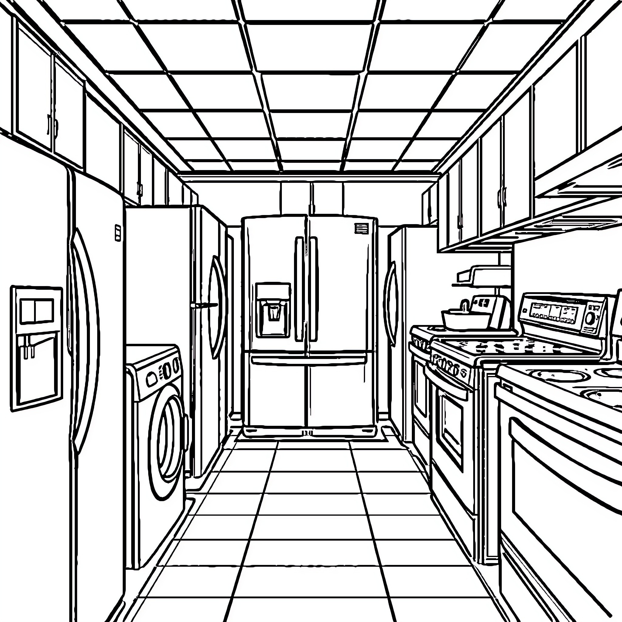 Appliance-filled Modern Kitchen Interior Coloring Page (free black-and-white line drawing printable PDF for all, from beginners to advanced learners, including children, teens, adults, and seniors)