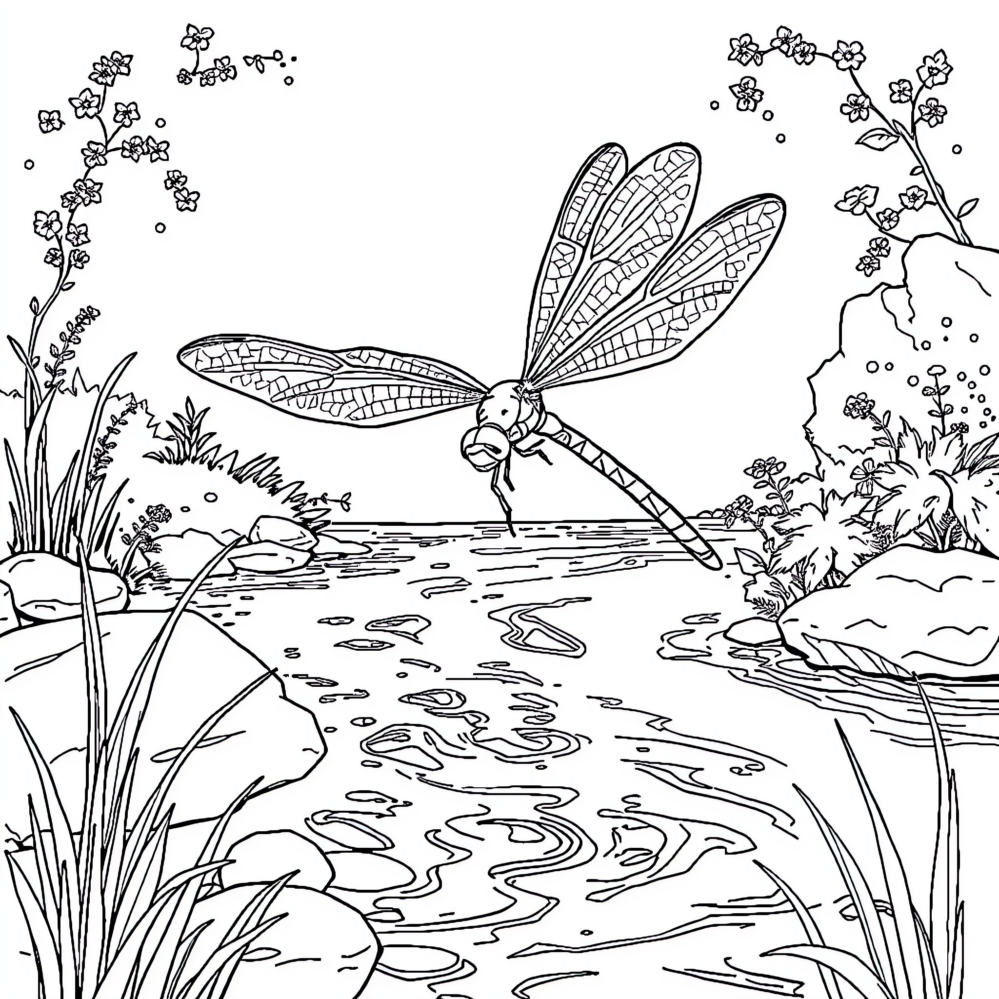 Dragonfly hovering gracefully over a tranquil pond Coloring Page (free black-and-white line drawing printable PDF for all, from beginners to advanced learners, including children, teens, adults, and seniors)