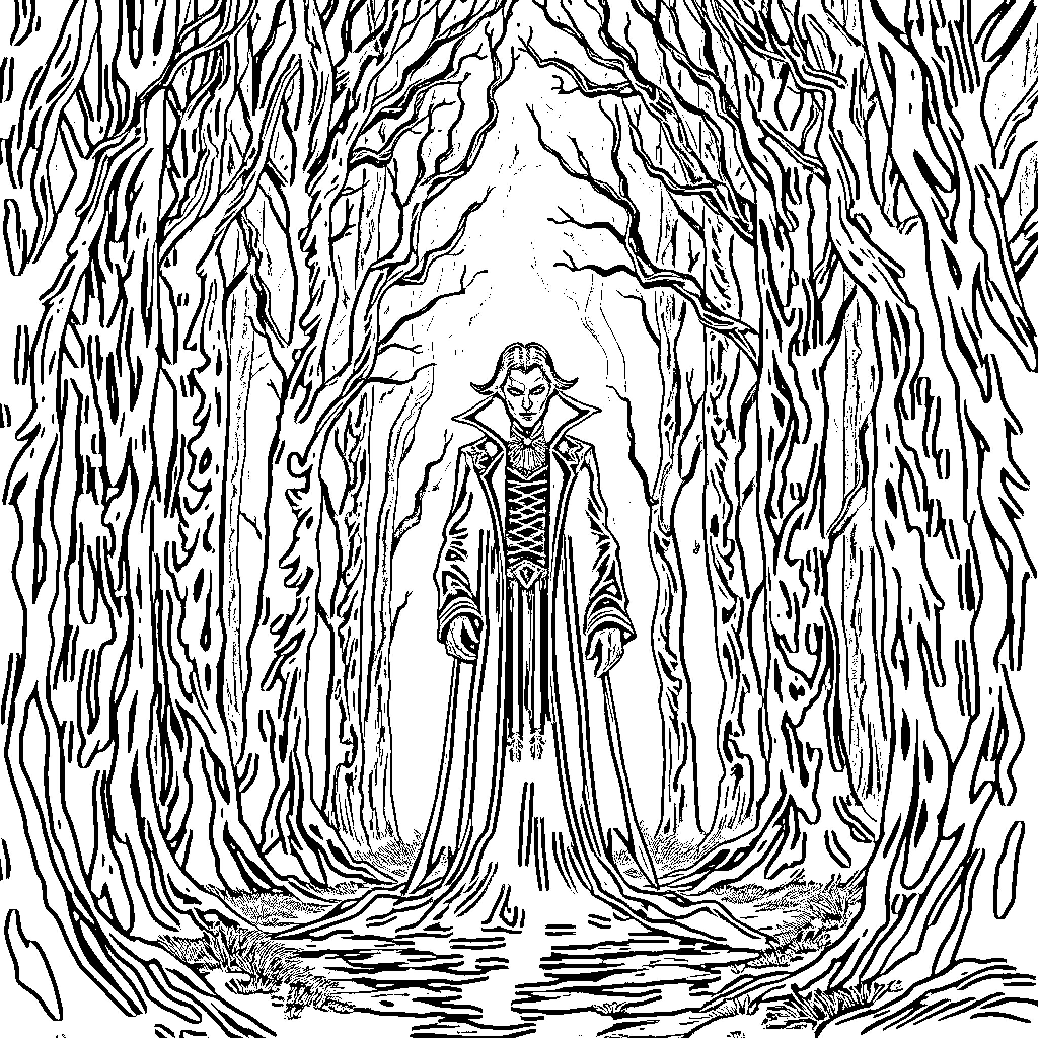 Vampire Lord in Dark Enchanted Forest Coloring Page (free black-and-white line drawing printable PDF for all, from beginners to advanced learners, including children, teens, adults, and seniors)