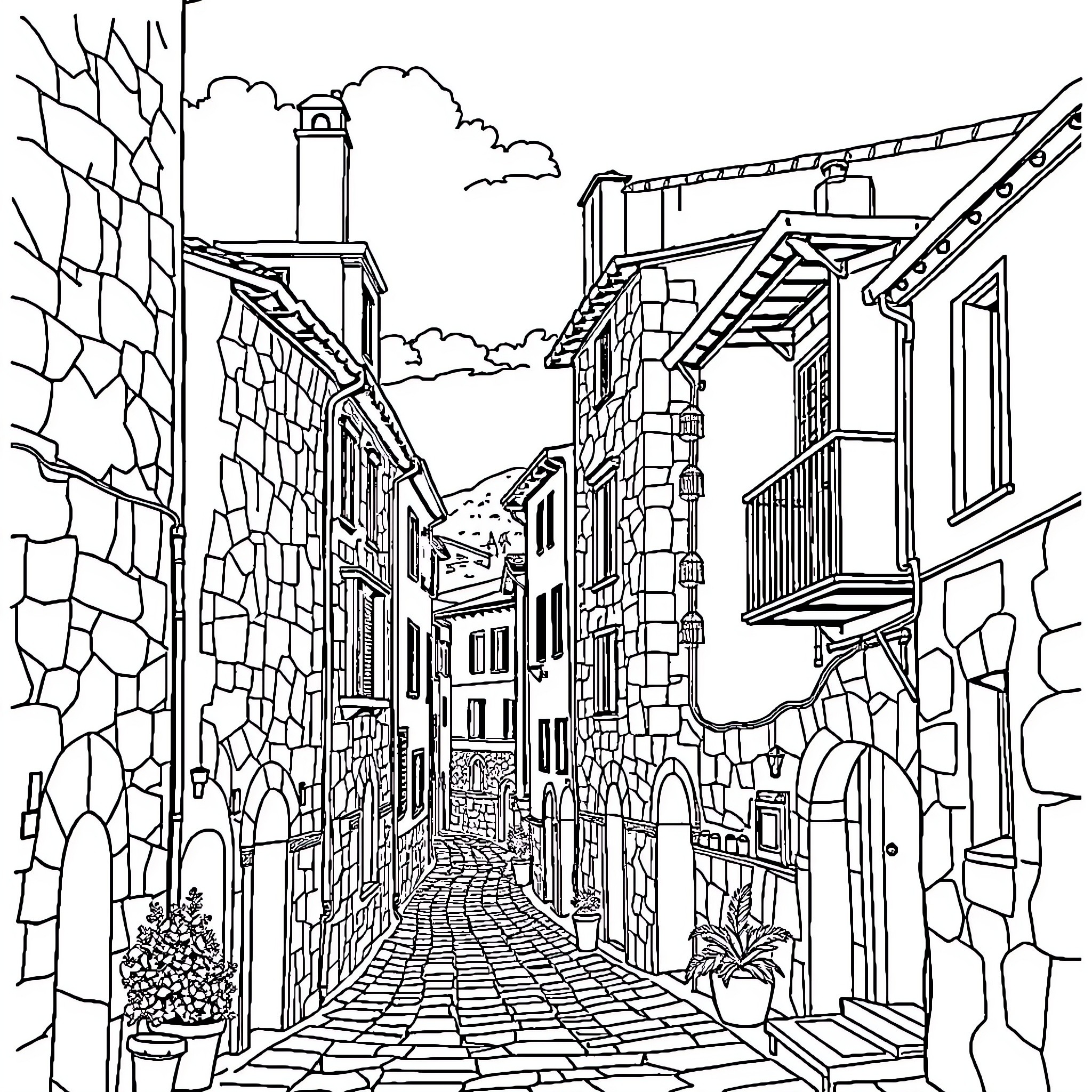 Galatina: Charming Cobblestone Streets and Quaint Architecture Coloring Page (free black-and-white line drawing printable PDF for all, from beginners to advanced learners, including children, teens, adults, and seniors)