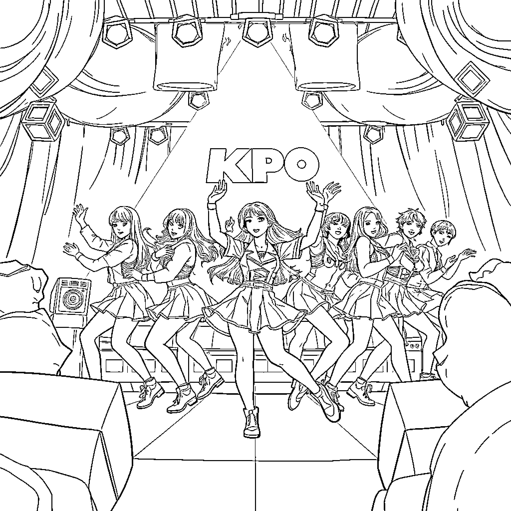 Guerreras on the Stage: A Vibrant Performance Coloring Page (free black-and-white line drawing printable PDF for all, from beginners to advanced learners, including children, teens, adults, and seniors)